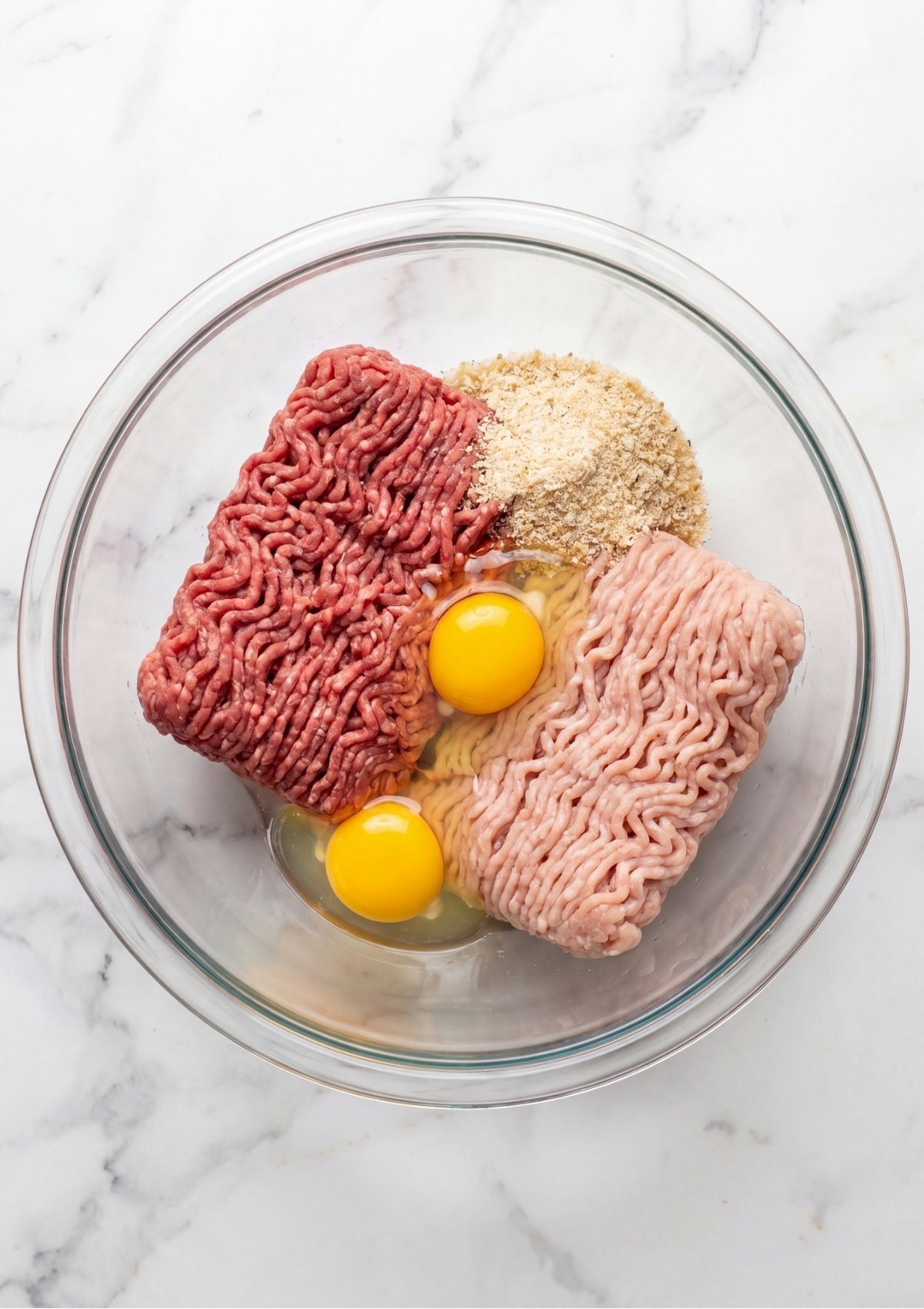A clear glass mixing bowl containing raw ground beef, raw ground turkey, breadcrumbs, and two cracked eggs before mixing.