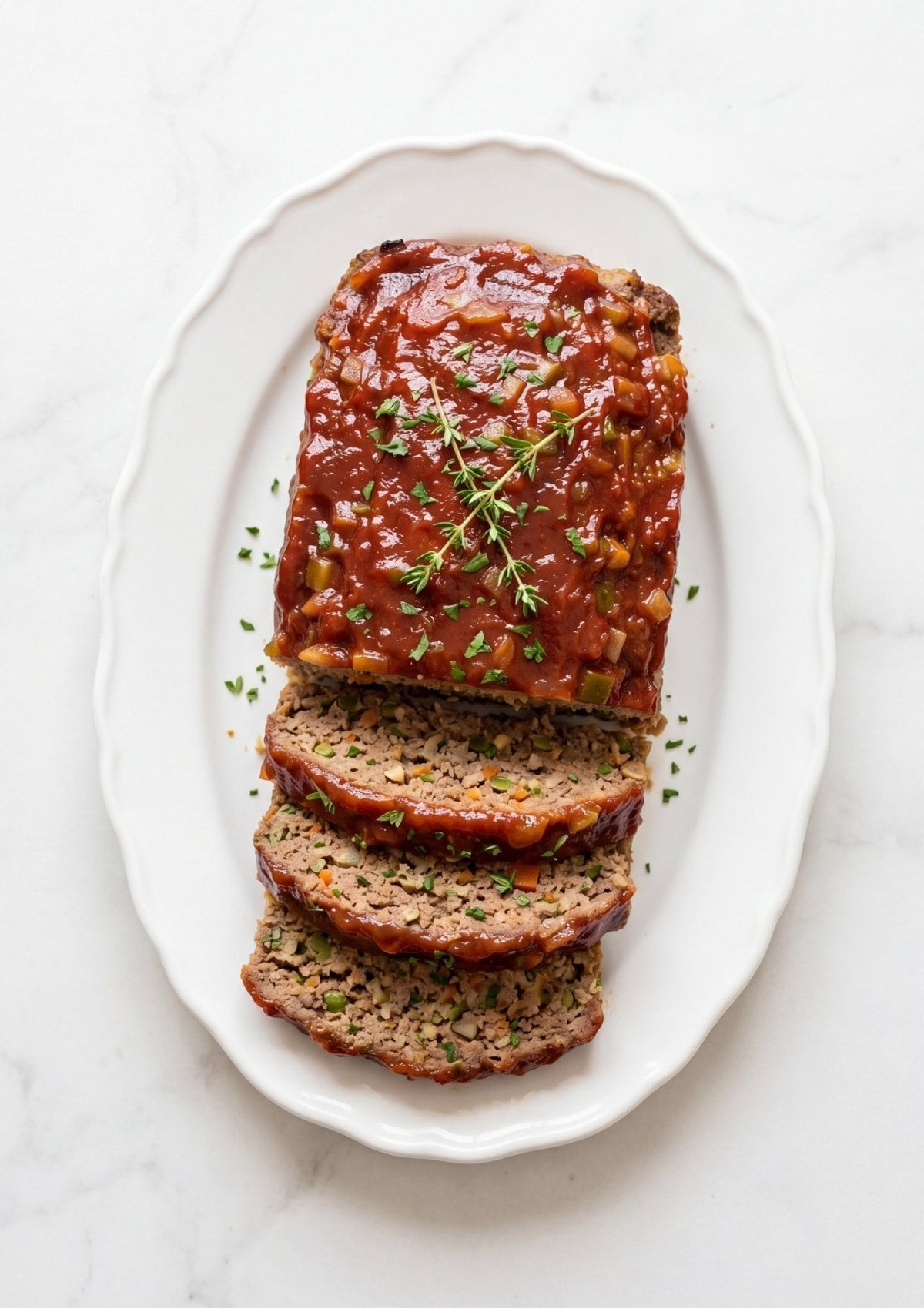 A whole meatloaf topped with tomato glaze and fresh thyme, with three slices cut to show the texture.