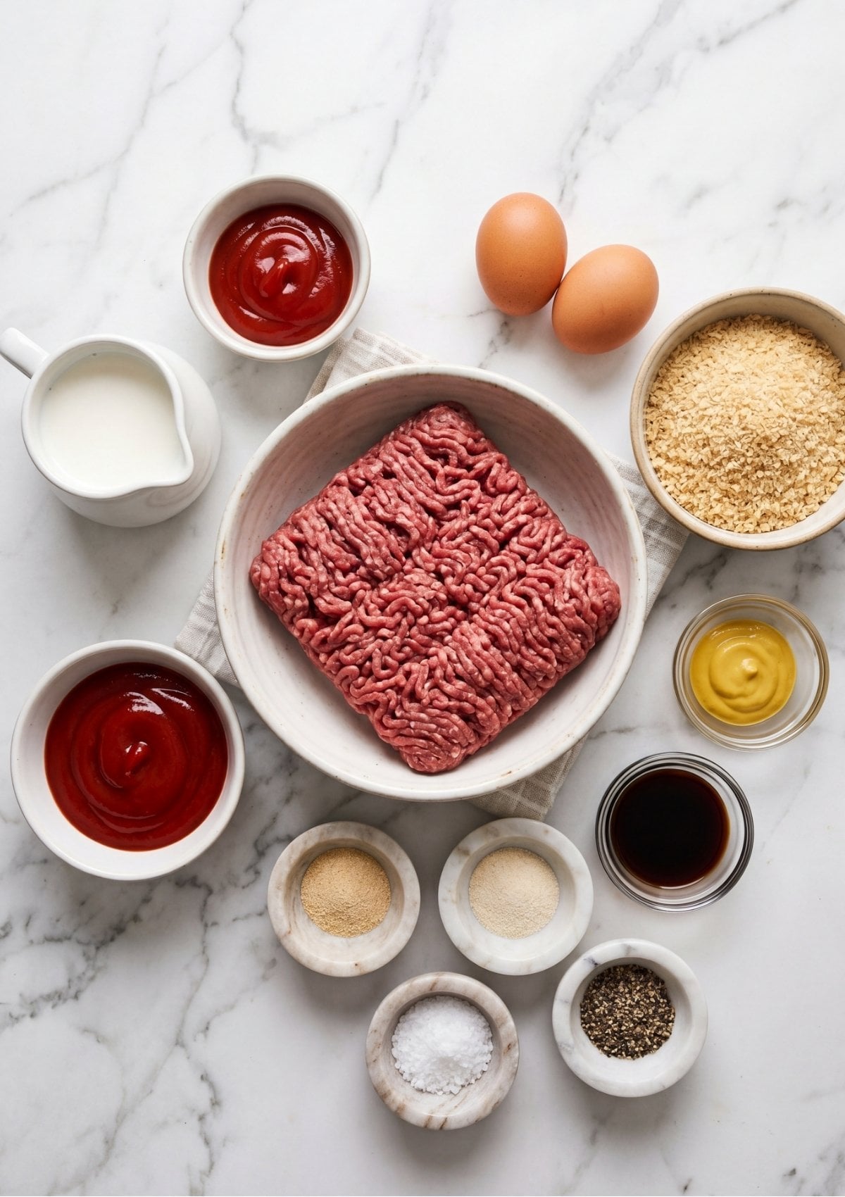 Top-down view of meatloaf ingredients including ground beef, eggs, breadcrumbs, ketchup, mustard, milk, and spices on a marble surface.