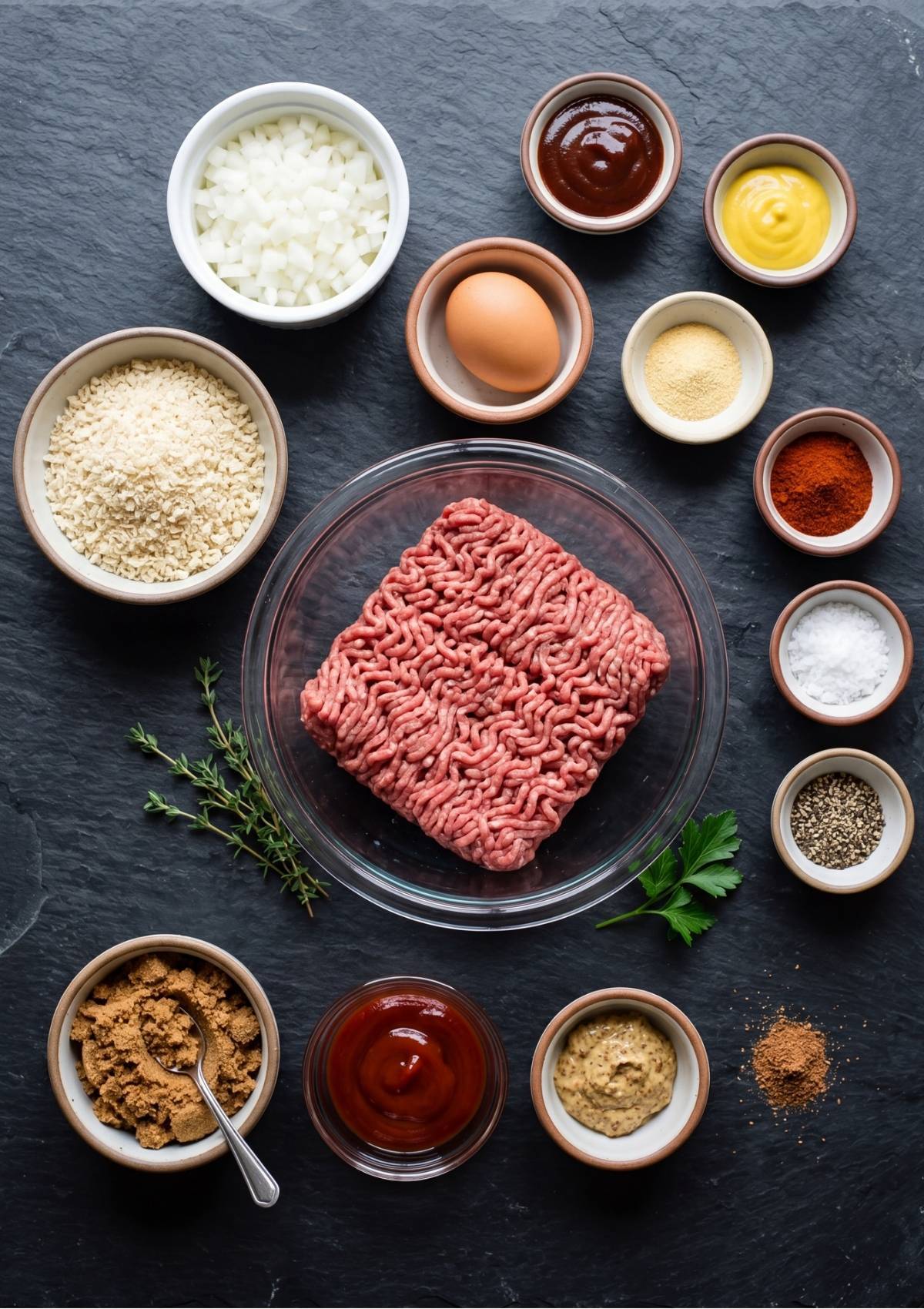 A top-down view of a glass bowl with ground beef surrounded by small bowls of breadcrumbs, onions, an egg, mustard, ketchup, brown sugar, and spices.
