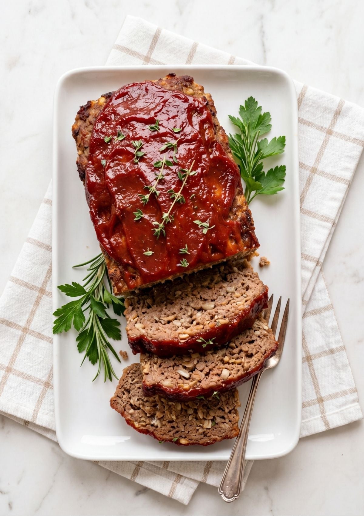 A top-down view of a sliced, glazed meatloaf on a white rectangular platter with fresh parsley and rosemary sprigs.