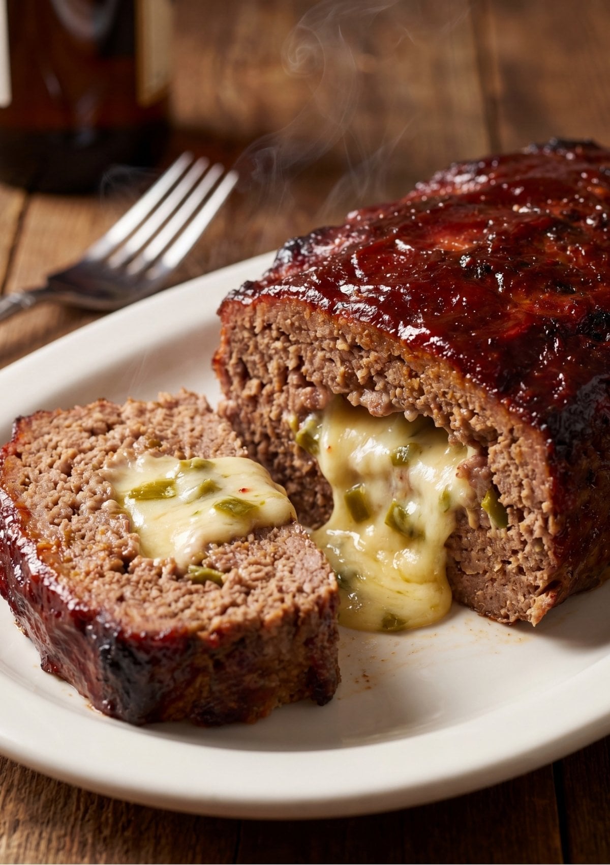 A close-up shot of a sliced smoked meatloaf on a white platter, featuring a gooey, melted cheese and green chili center with steam rising.