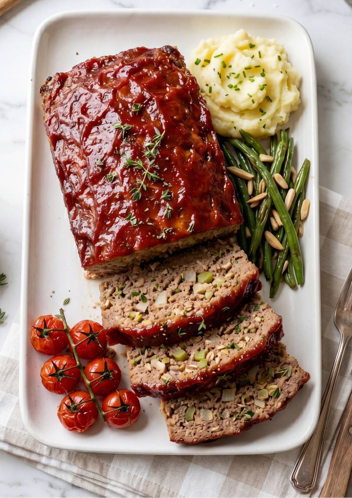 Slices of glazed meatloaf on a white rectangular platter served with mashed potatoes and green beans.