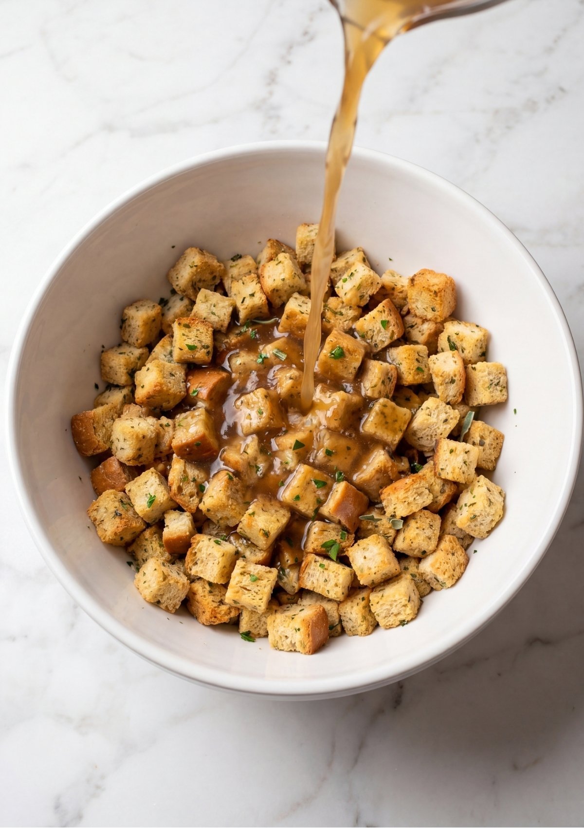 Beef broth being poured from a glass measuring cup into a white bowl filled with dry stuffing cubes