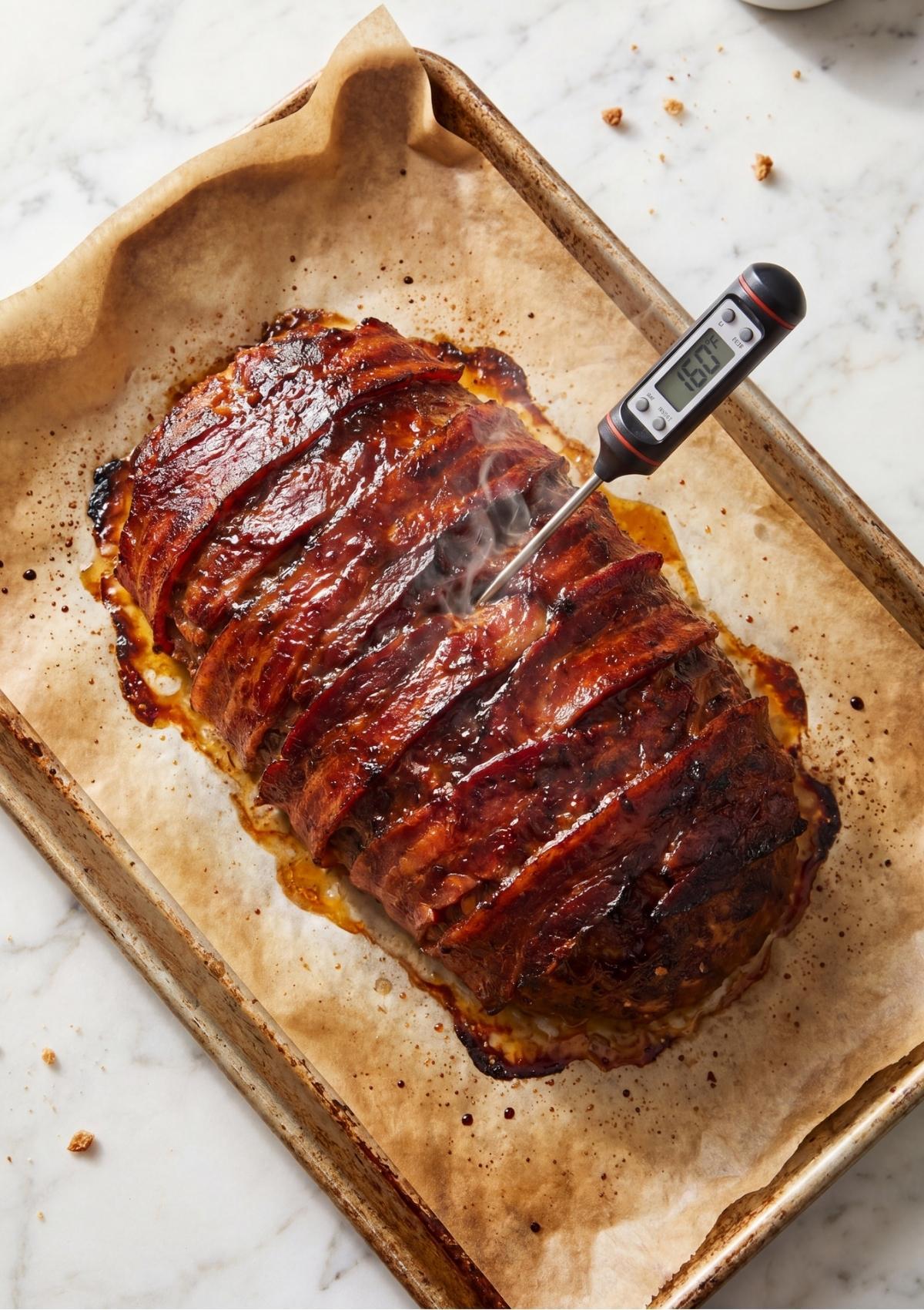A meat thermometer inserted into a golden brown bacon wrapped meatloaf on a parchment lined pan