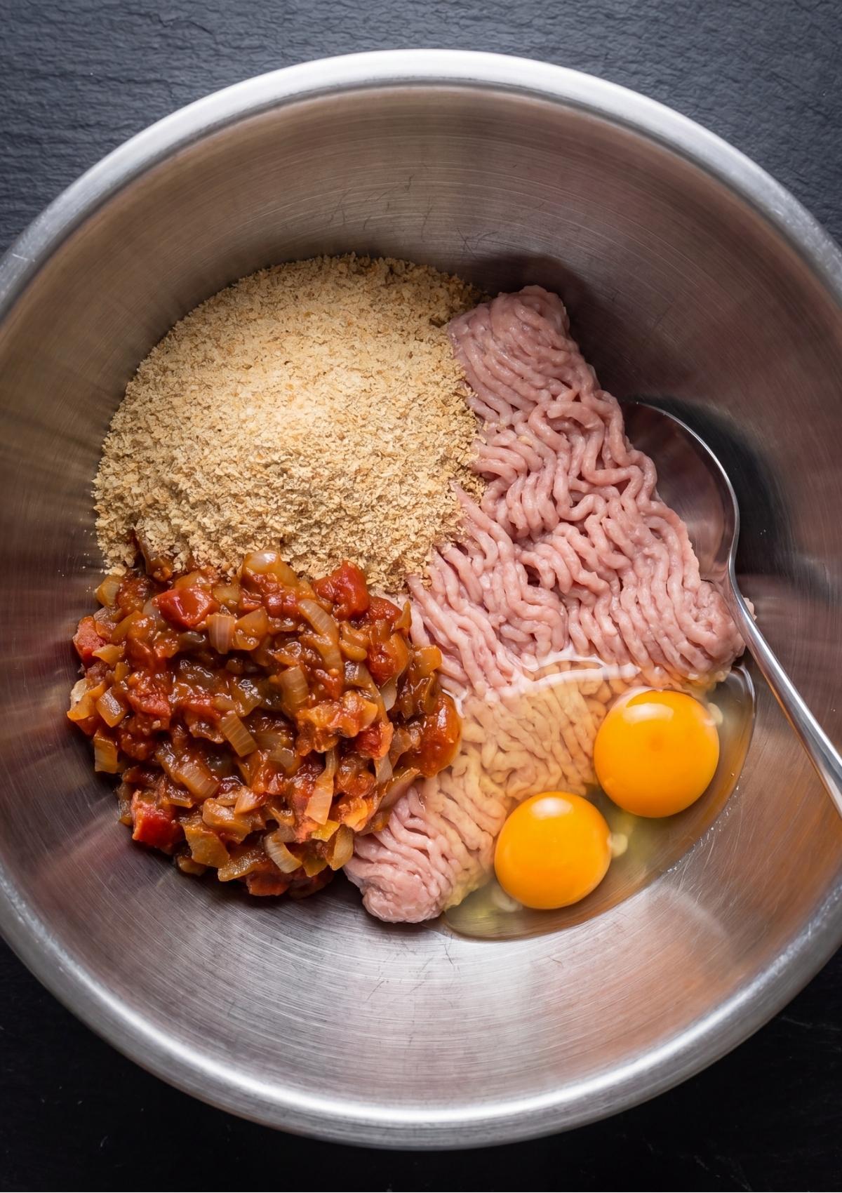 Ground turkey, breadcrumbs, two raw egg yokes, and a cooked tomato onion mixture unmixed in a large stainless steel bowl with a metal spoon.