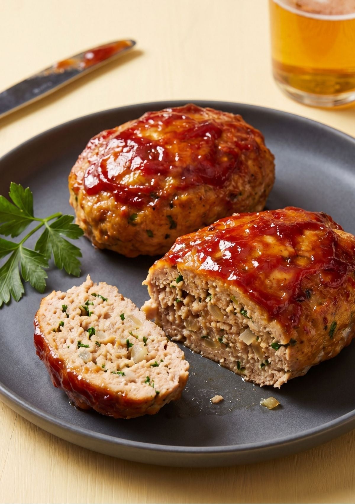 A dark plate containing two cooked mini turkey meatloaves with a glossy ketchup glaze, with one loaf sliced open to show the juicy texture inside