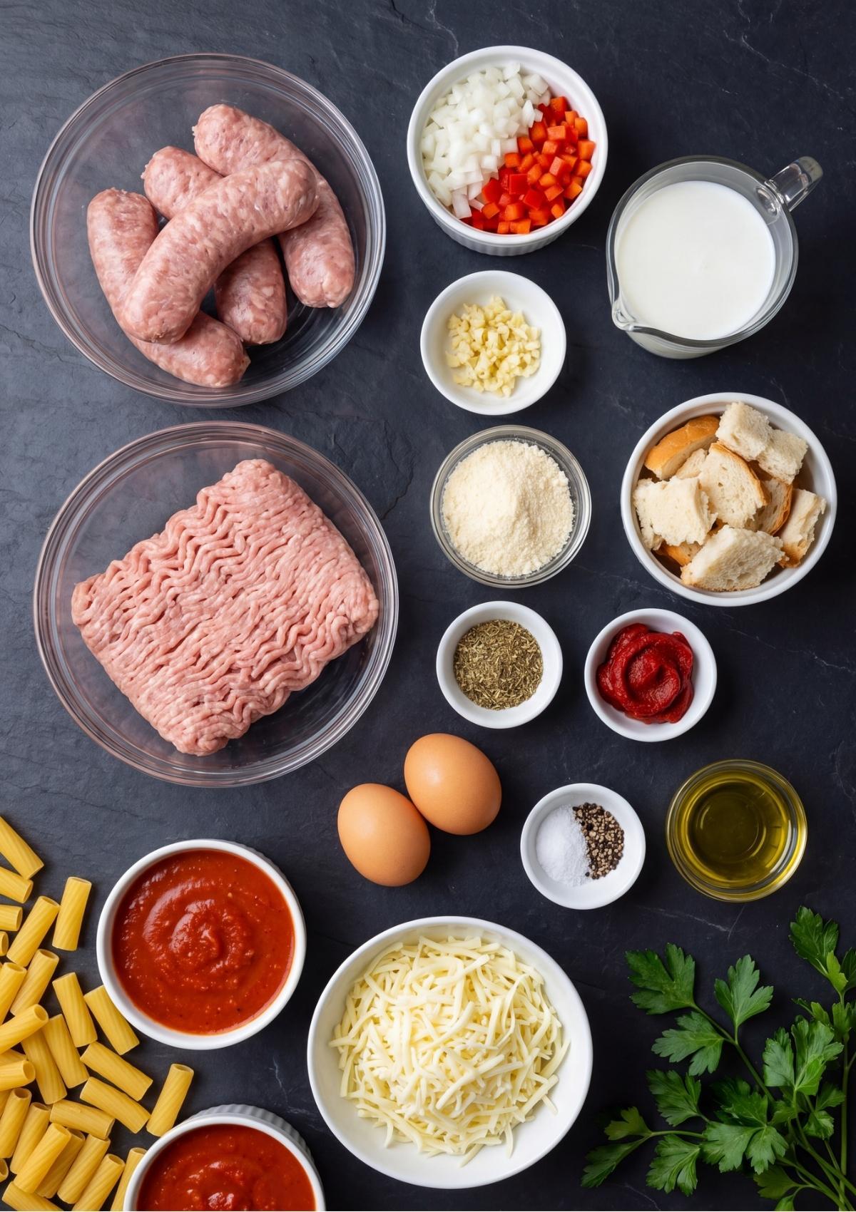 An overhead view of ingredients for an Italian turkey meatloaf recipe arranged on a dark countertop including ground turkey, turkey sausage, uncooked pasta, marinara sauce, shredded mozzarella, eggs, and diced vegetables