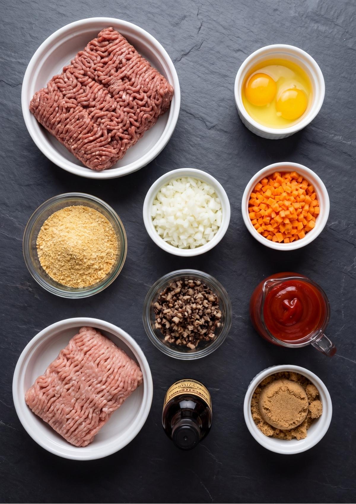 An overhead view of meatloaf ingredients organized in small white and glass bowls on a dark slate surface, including ground meats, chopped vegetables, breadcrumbs, eggs, and sauces.