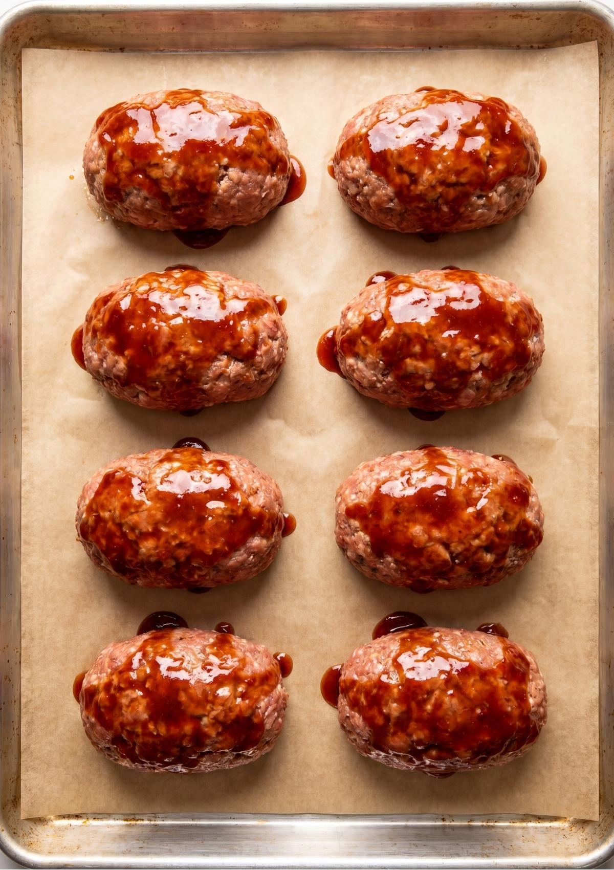 Eight raw mini turkey meatloaves on a baking sheet brushed with a thick layer of reddish brown ketchup and balsamic glaze