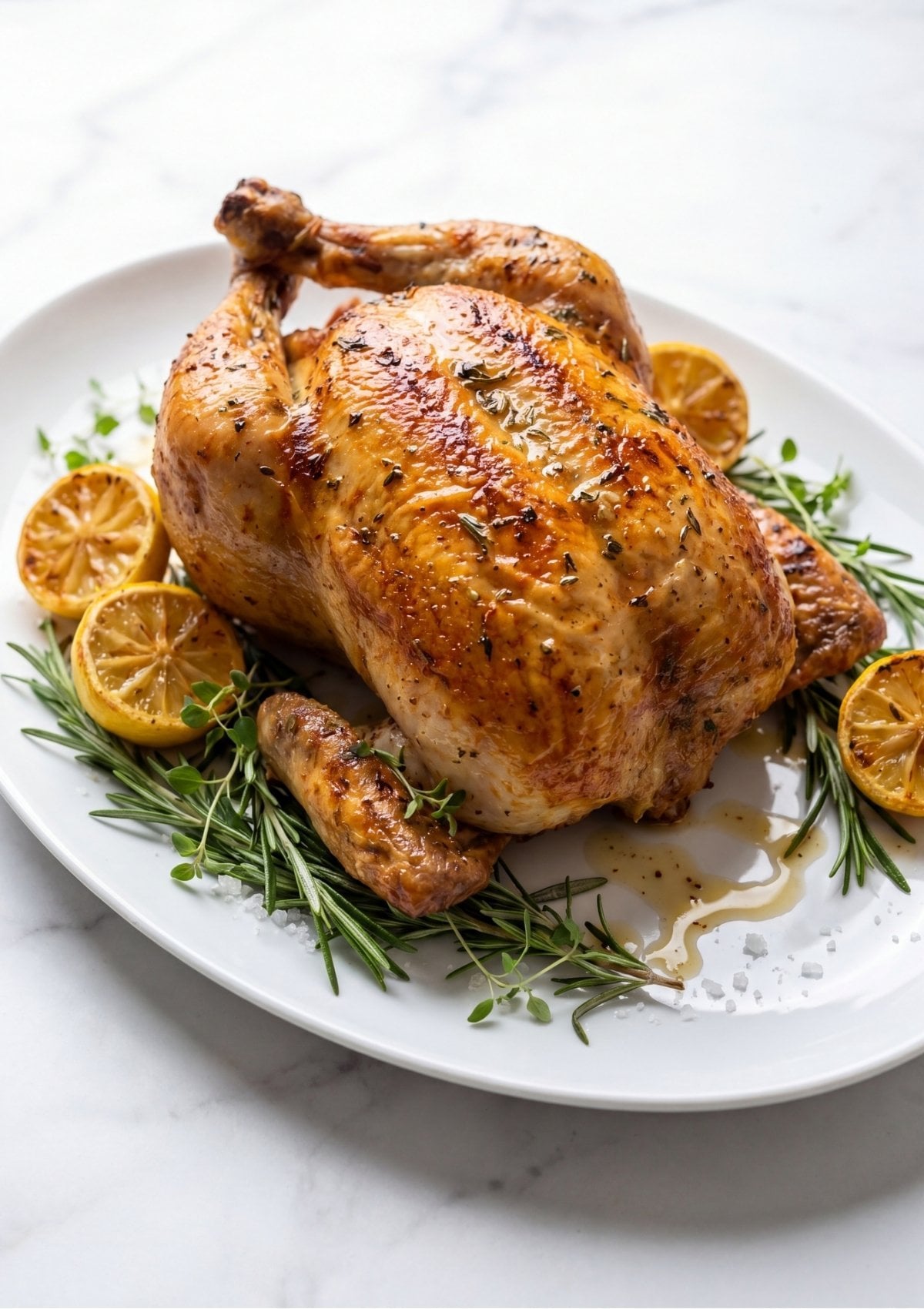 A golden brown whole roast chicken garnished with fresh rosemary sprigs and charred lemon halves on a white oval platter