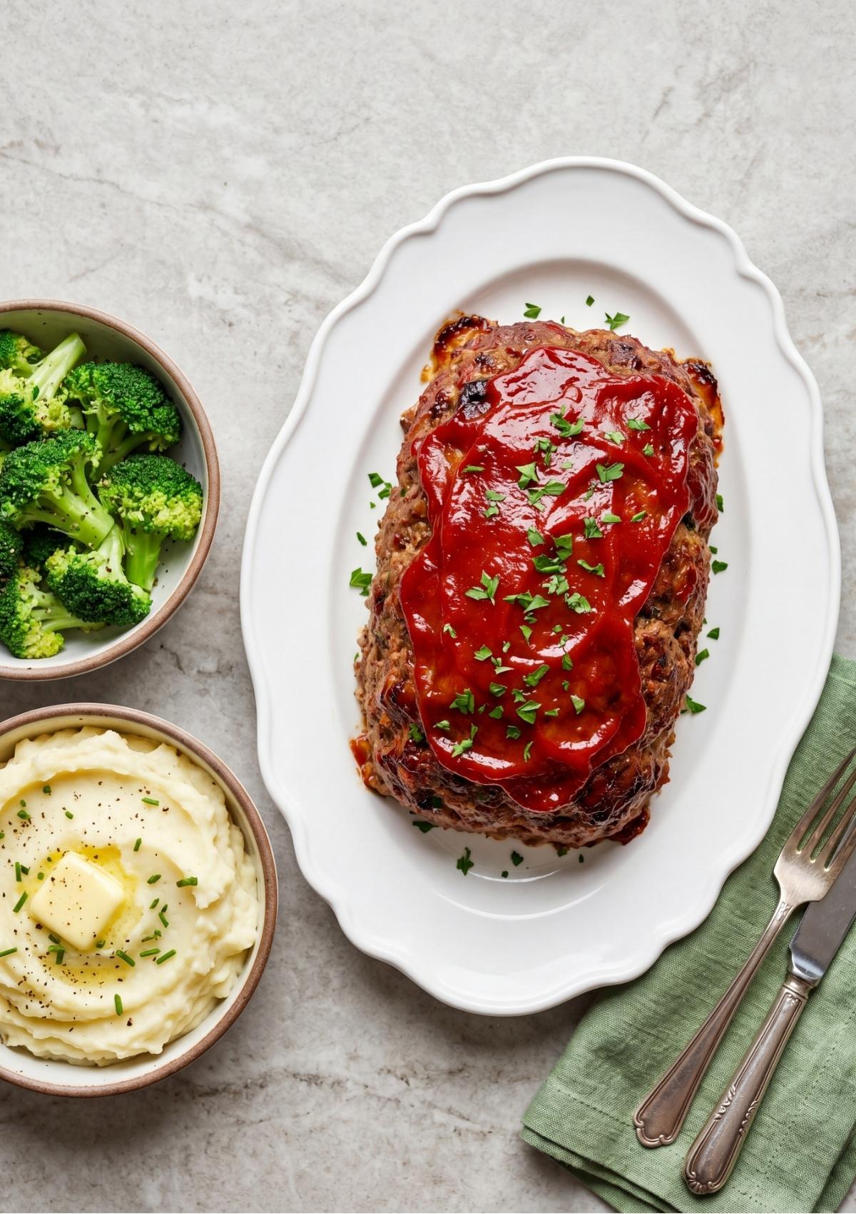 A full meatloaf on a platter served with sides of steamed broccoli and mashed potatoes with butter and chives.