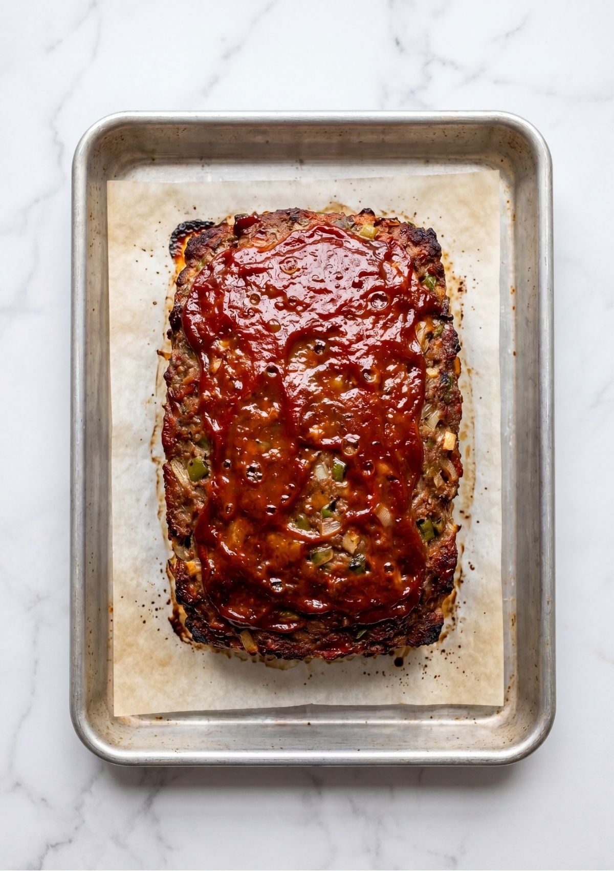 A freshly baked meatloaf covered in a thick red glaze resting on parchment paper in a metal baking pan.