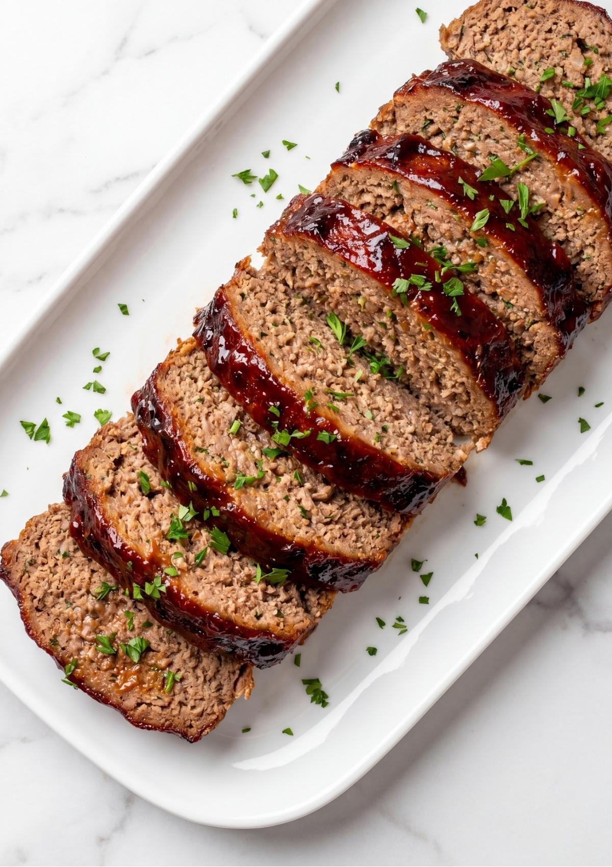 Slices of juicy meatloaf with a dark red glaze arranged on a long white serving tray and sprinkled with herbs.