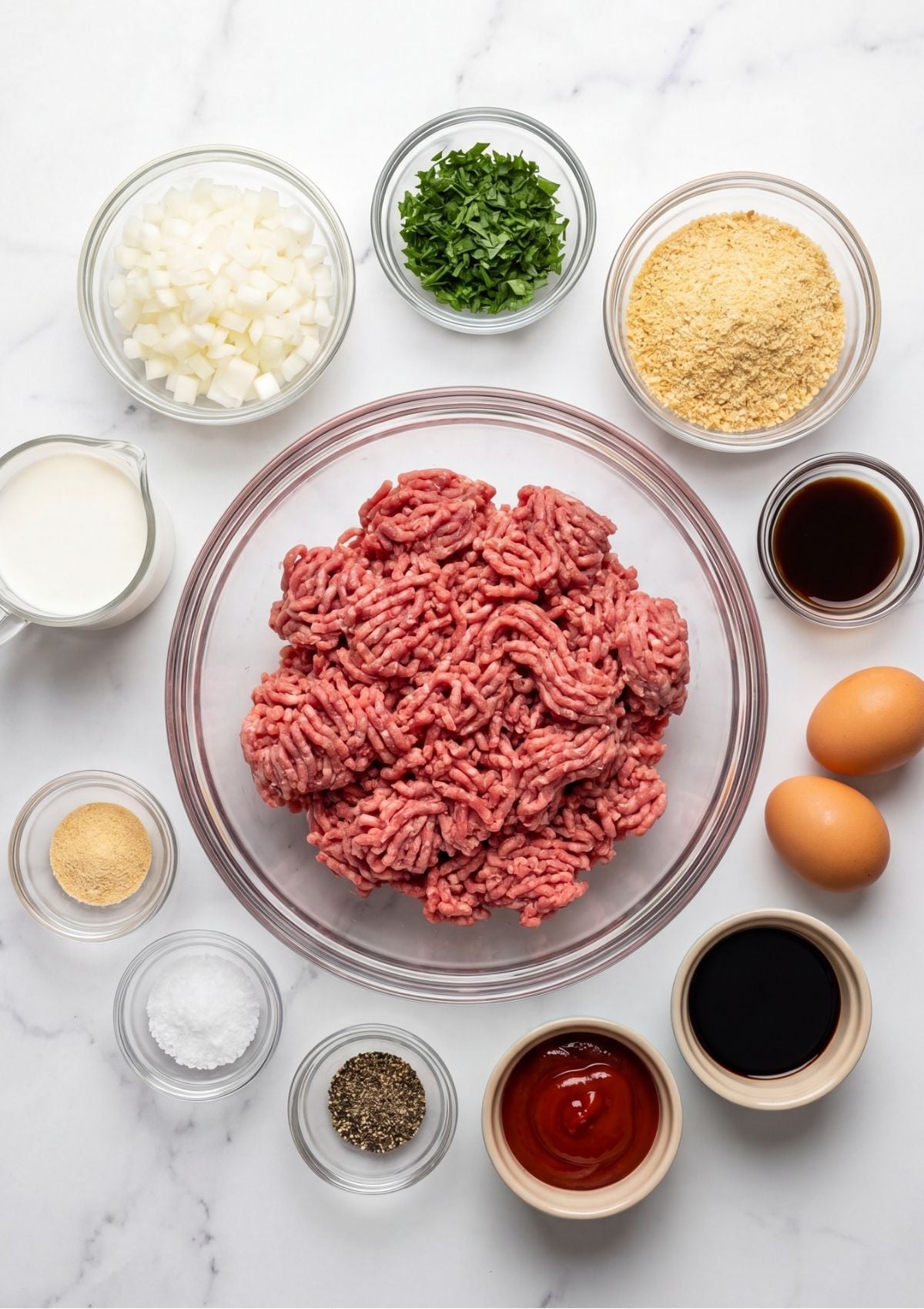 Various ingredients for meatloaf including ground beef, chopped onions, eggs, milk, and spices arranged in small glass bowls on a marble surface