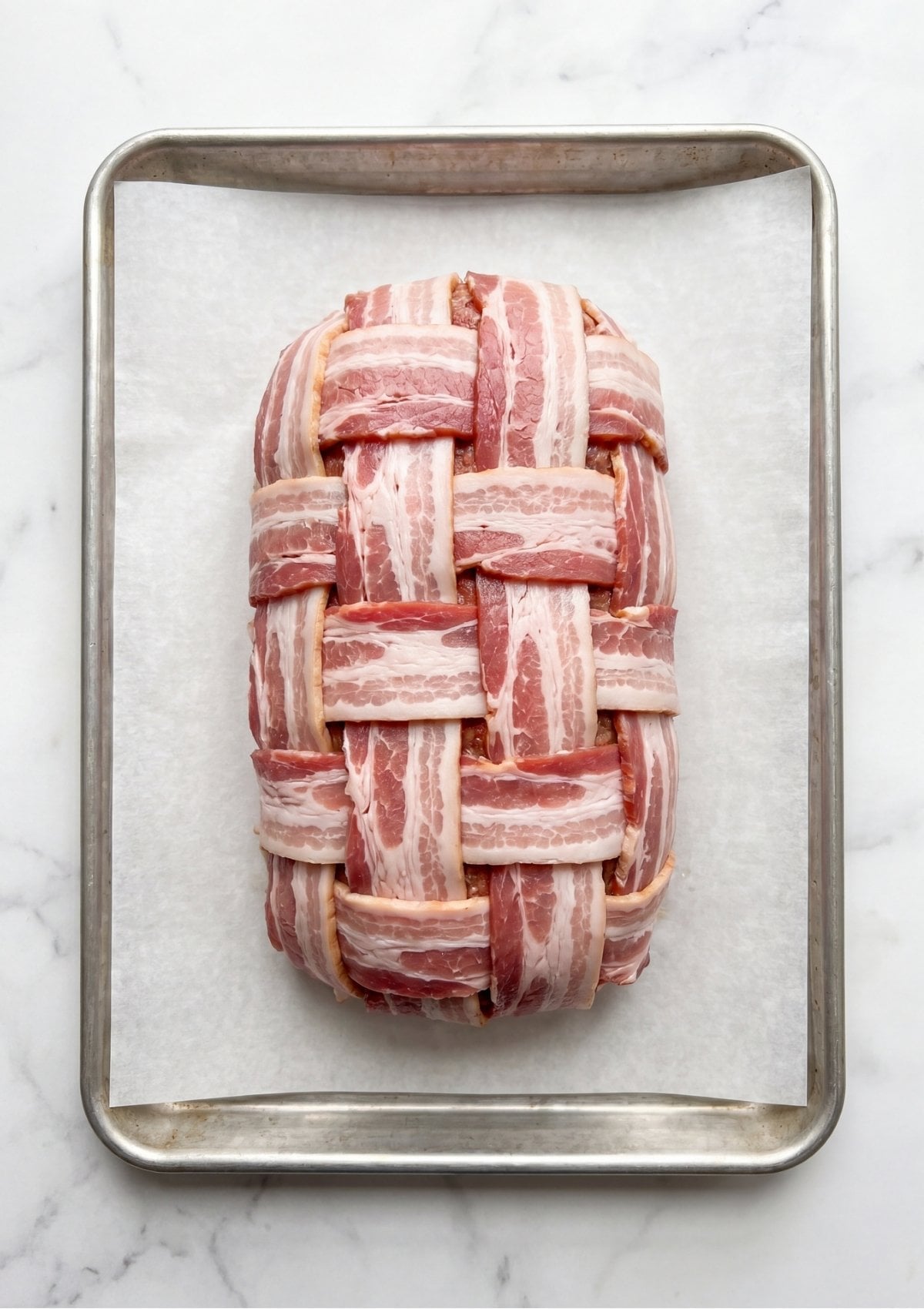 Top down view of raw ground meatloaf expertly wrapped in a woven lattice pattern of raw bacon strips on a parchment lined baking sheet