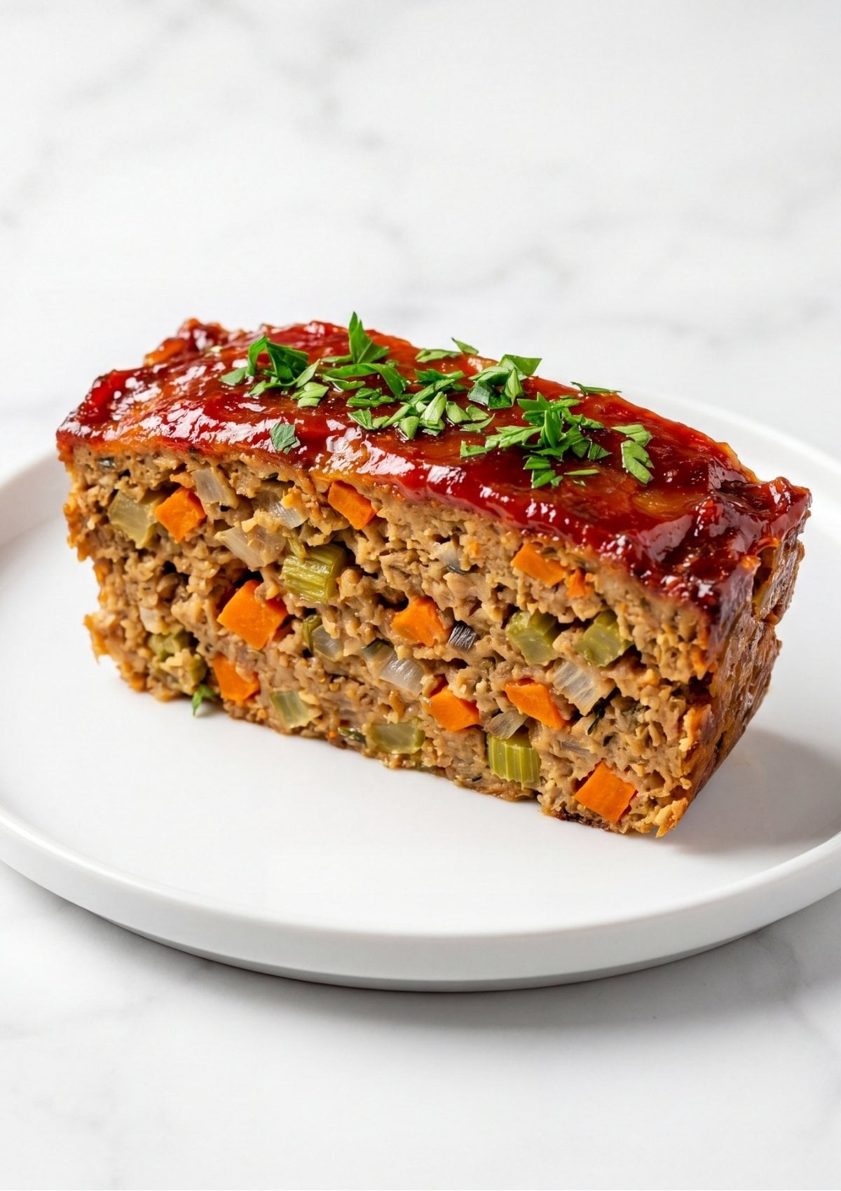 A close up slice of vegan meatloaf on a white plate showing a thick red glaze and textured interior with carrots and herbs