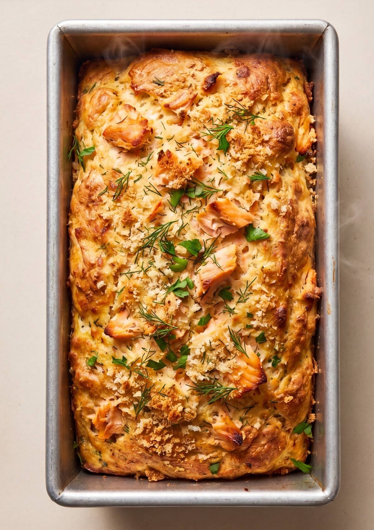 A top down view of a golden brown baked salmon meatloaf topped with fresh dill and parsley inside a metal loaf pan