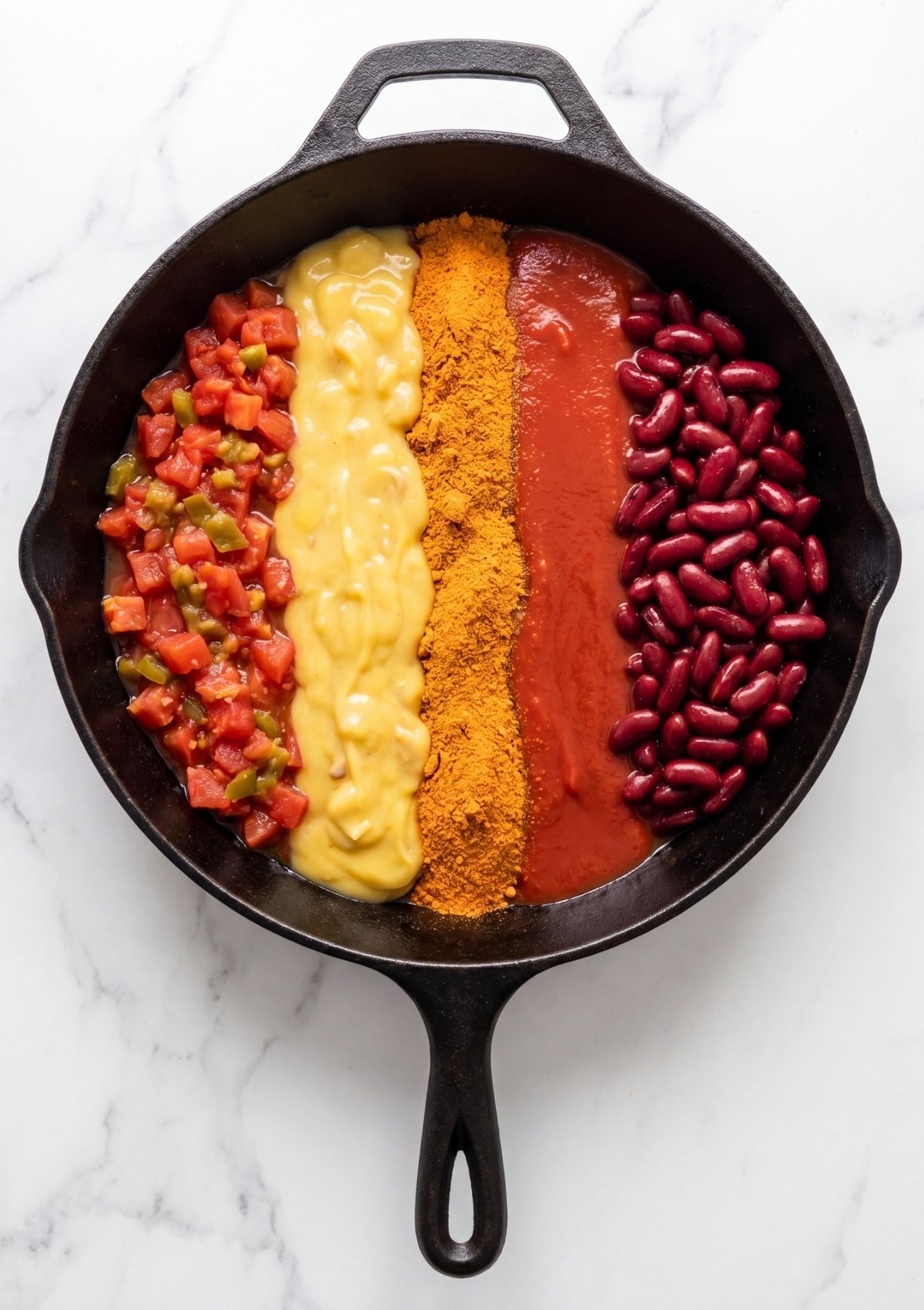 Canned tomatoes, cream sauce, chili seasoning, tomato sauce, and kidney beans layered in a skillet.