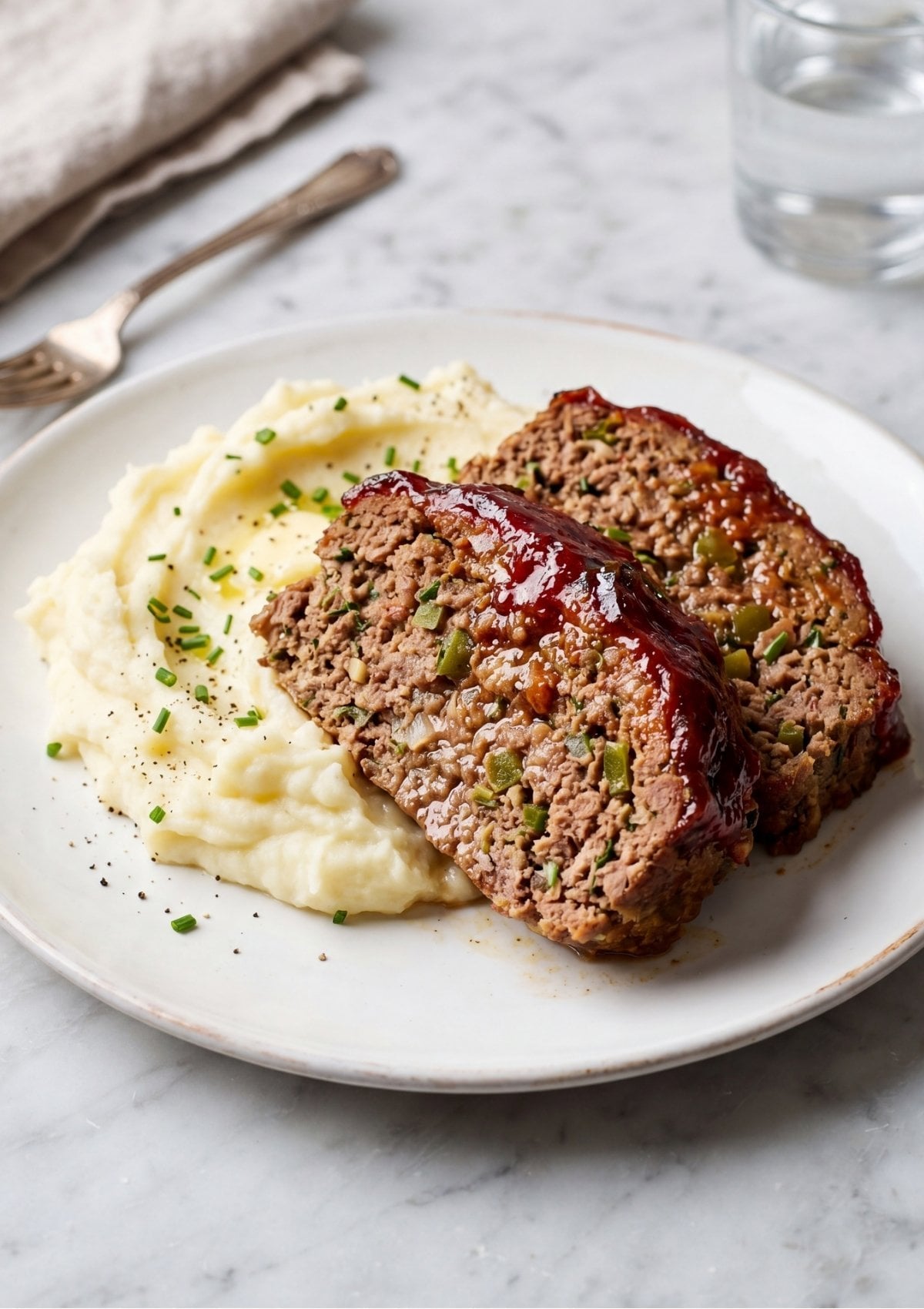 Two thick slices of meatloaf topped with a shiny red glaze served next to creamy mashed potatoes on a white plate.