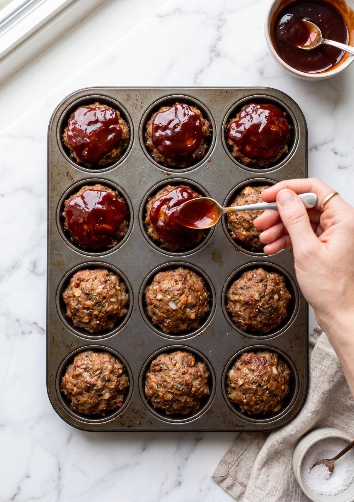 A hand using a spoon to spread thick red sauce over meatloaves in a muffin tin.