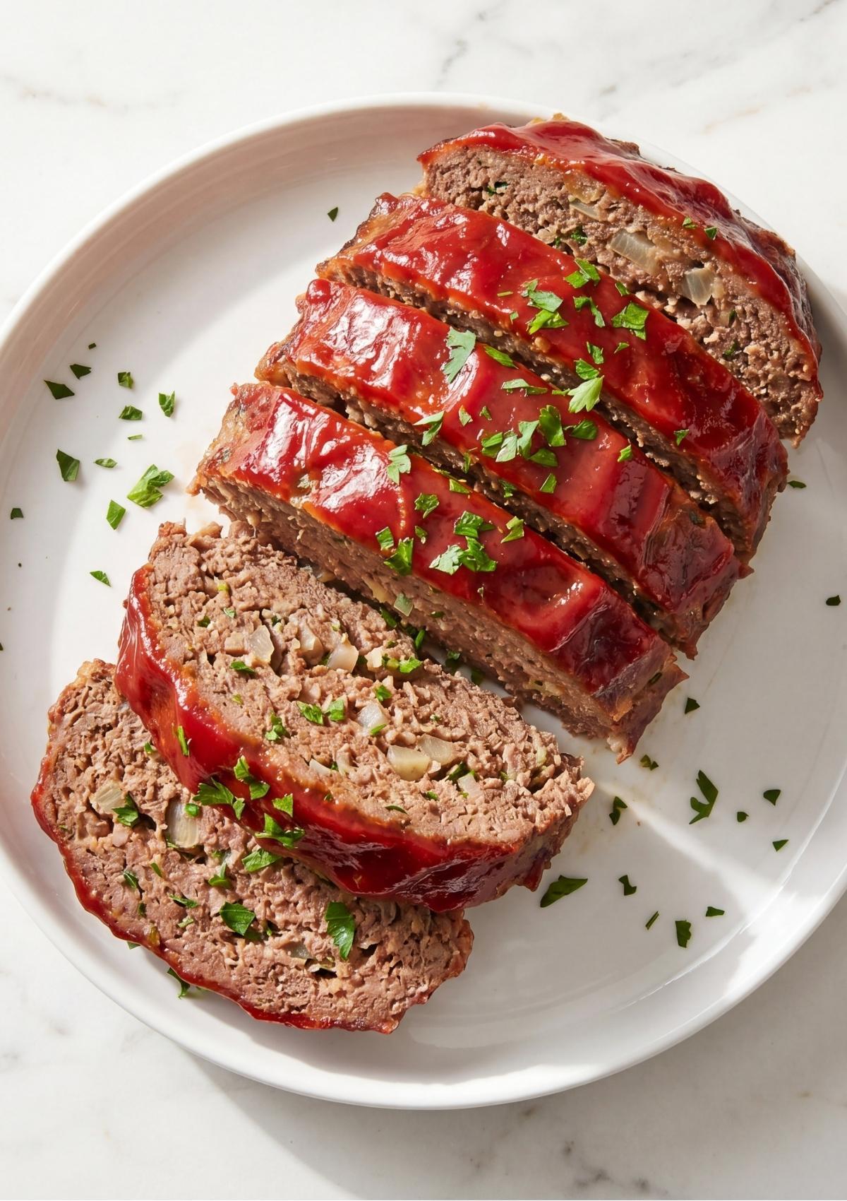 A close-up of a perfectly sliced meatloaf topped with a red tomato glaze and fresh parsley on a minimalist white porcelain plate.