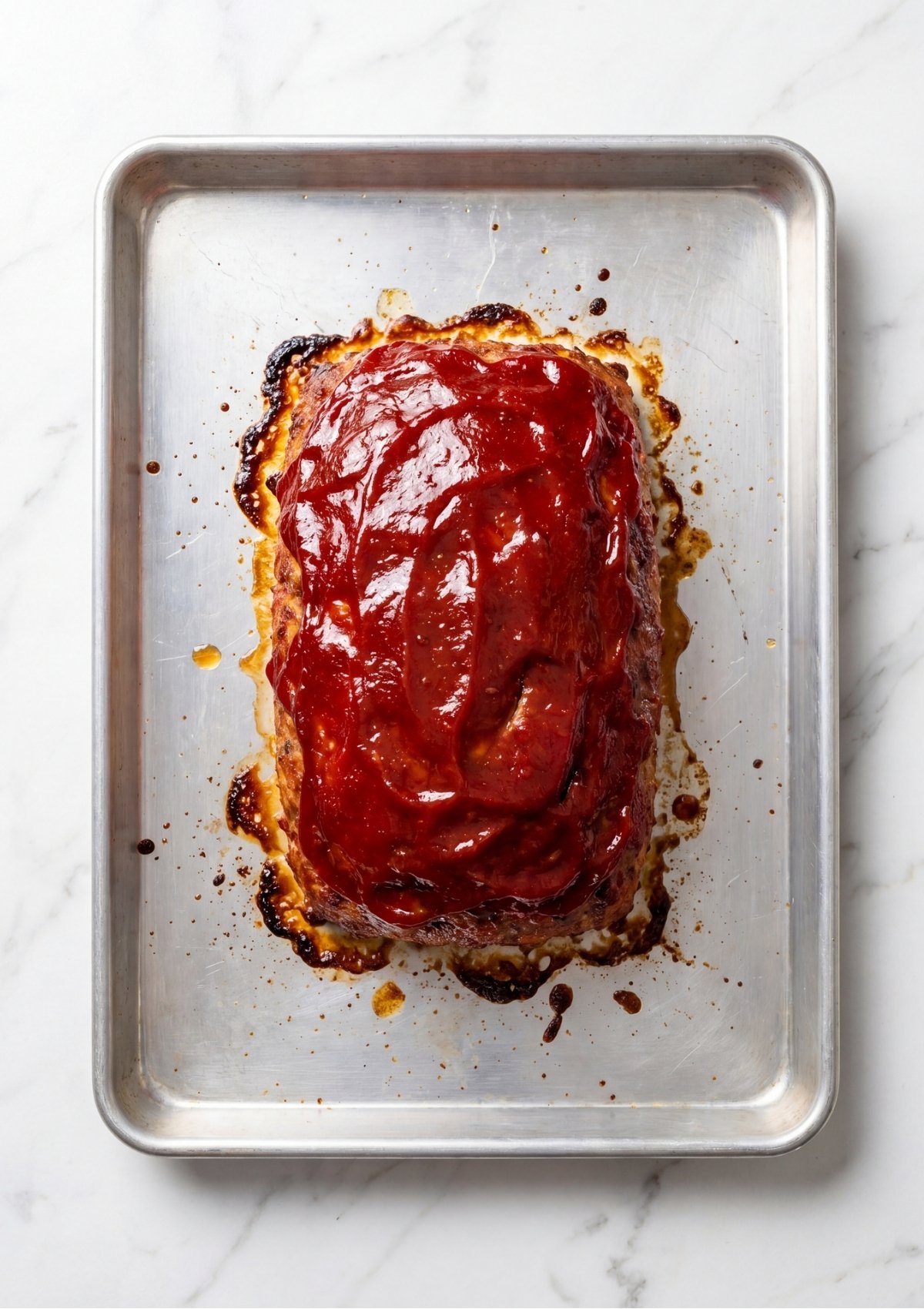 A fully baked turkey meatloaf covered in thick red ketchup glaze on a metal baking sheet pan