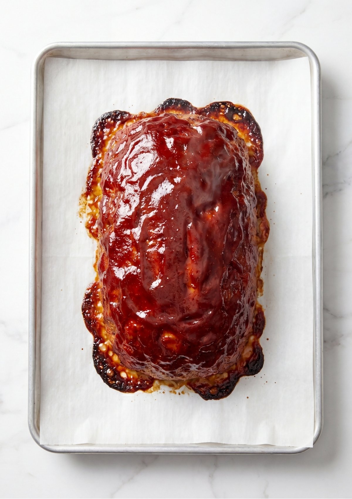A baked turkey meatloaf covered in a thick, sticky caramelized red BBQ sauce glaze on a baking sheet.