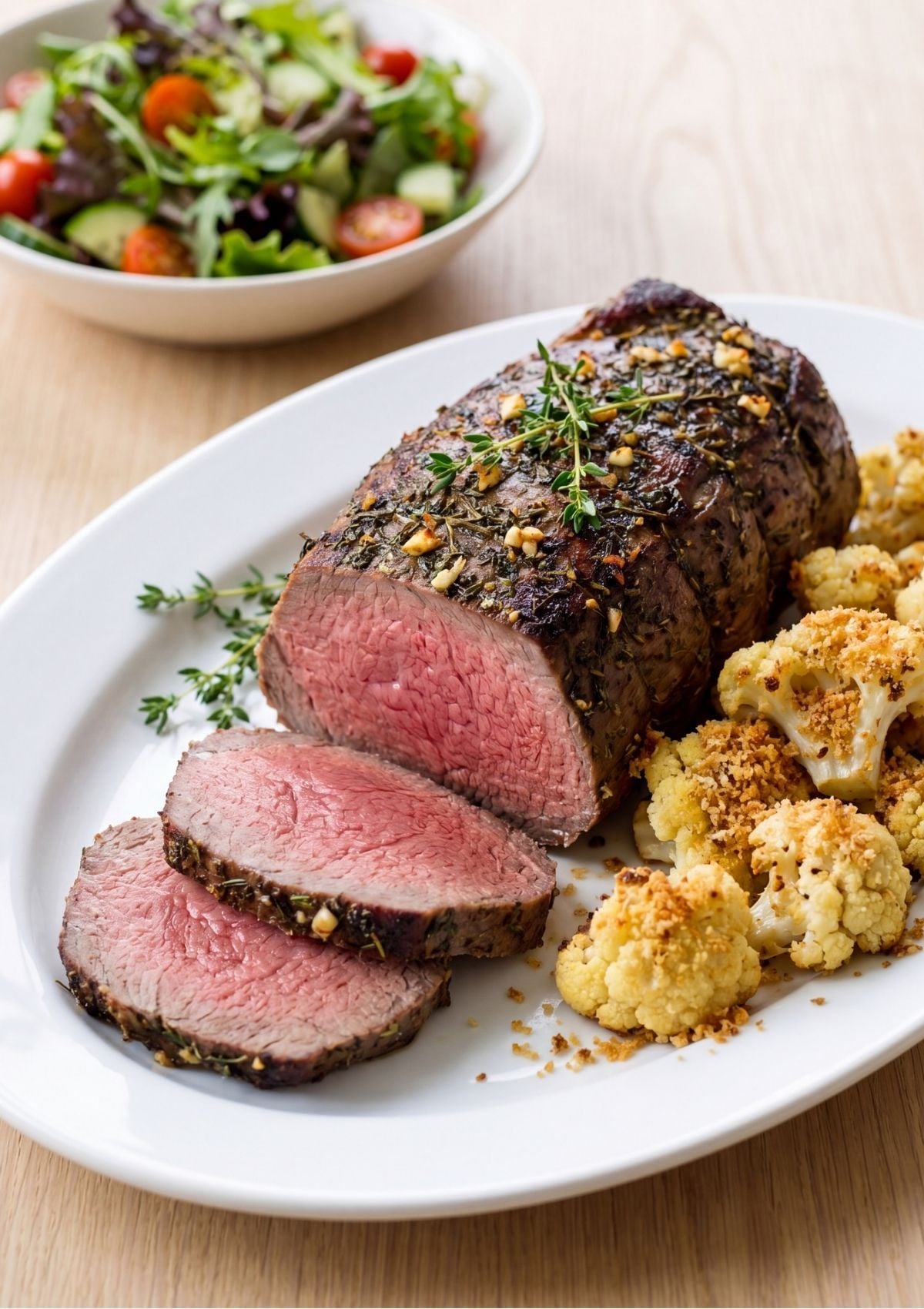 Whole roasted beef striploin with two sliced portions on a white serving platter garnished with fresh thyme and served with crispy cauliflower