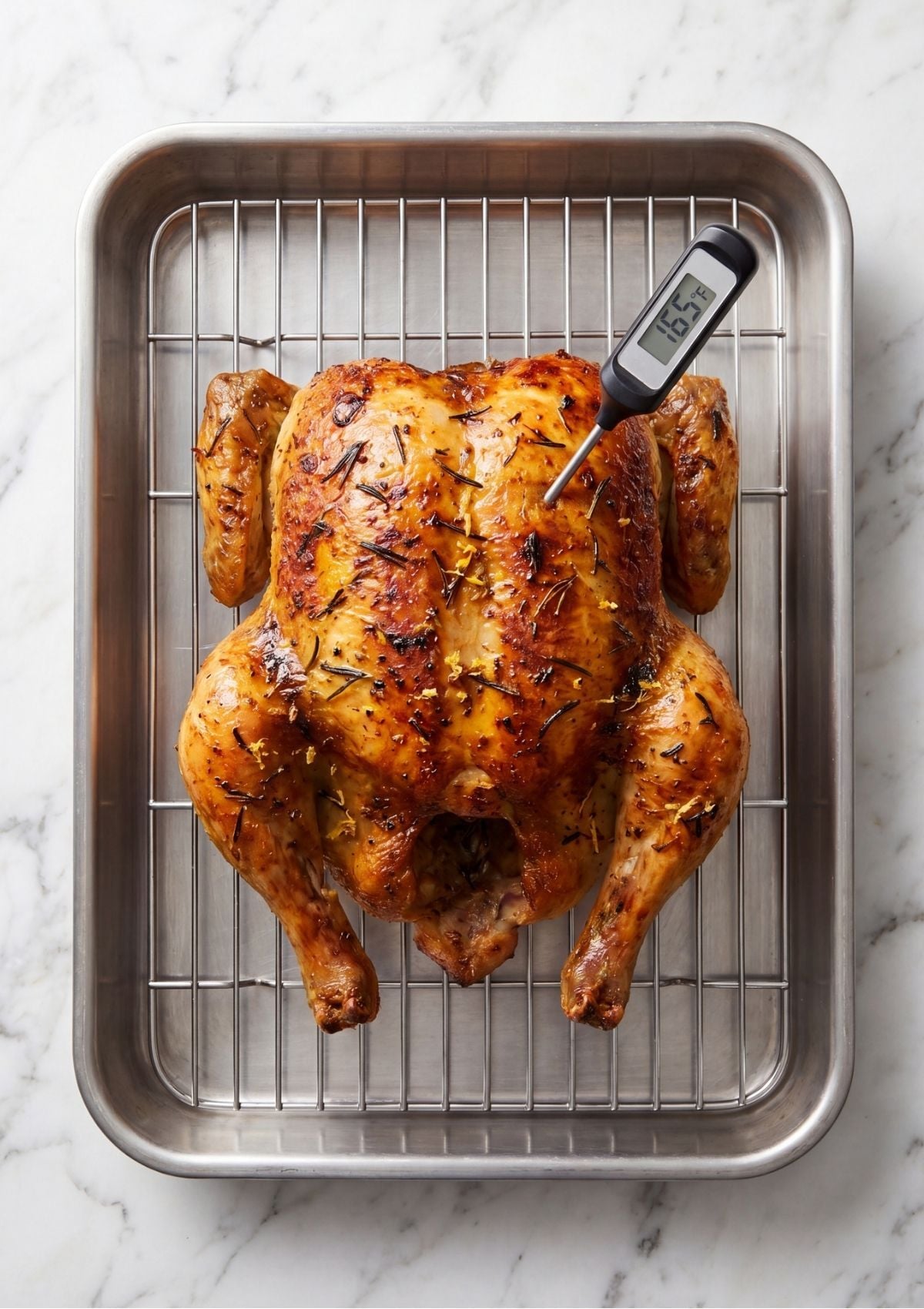 Overhead view of a whole roasted chicken in a metal roasting pan with a digital meat thermometer reading 165 degrees Fahrenheit