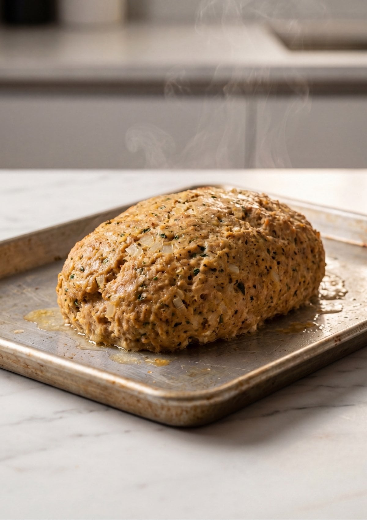 The turkey meatloaf halfway through the cooking process, steaming on a baking sheet and beginning to brown.