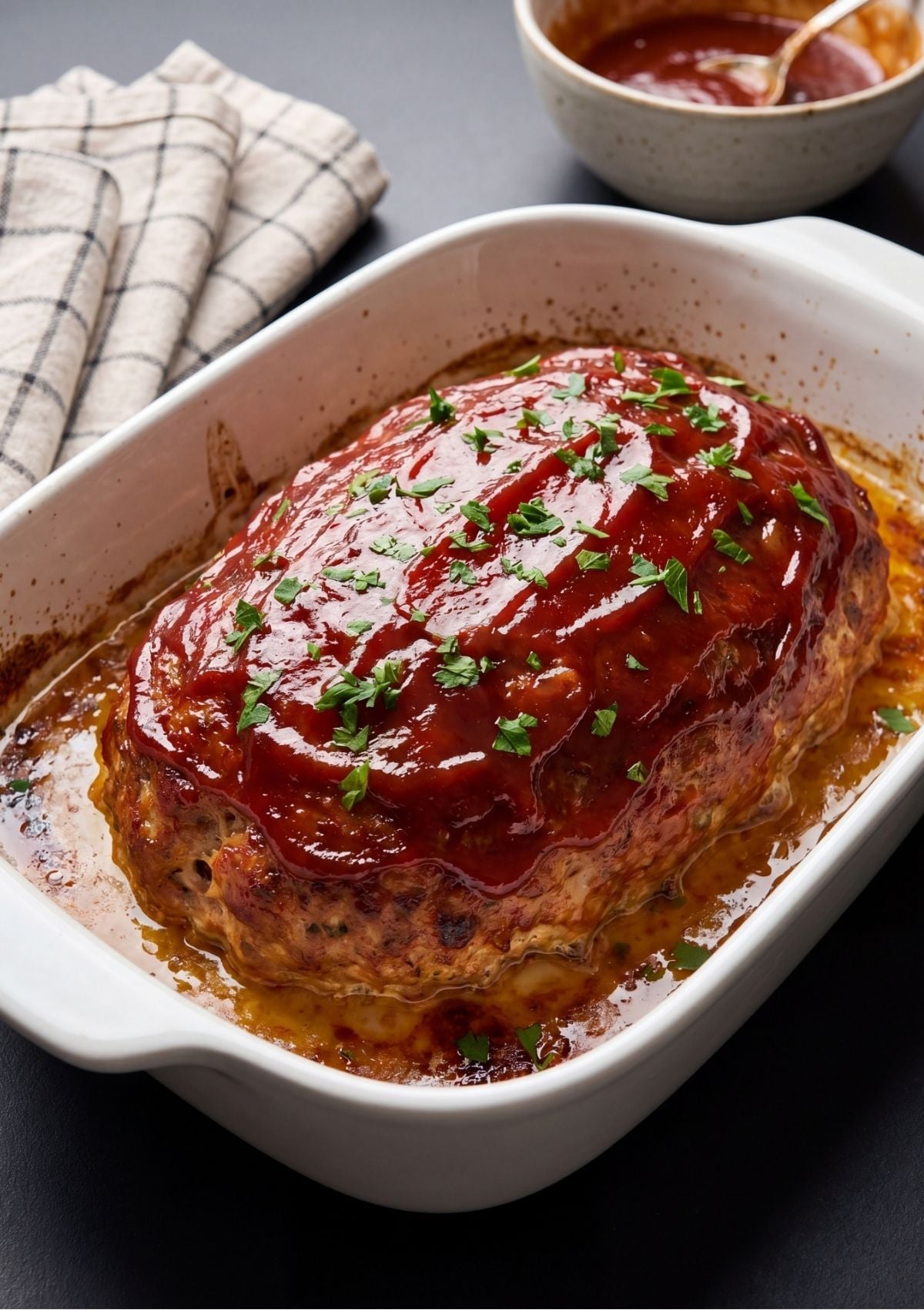 A fully baked turkey meatloaf topped with a thick red ketchup glaze and chopped fresh parsley, sitting in a white ceramic baking dish with bubbling juices around the base.