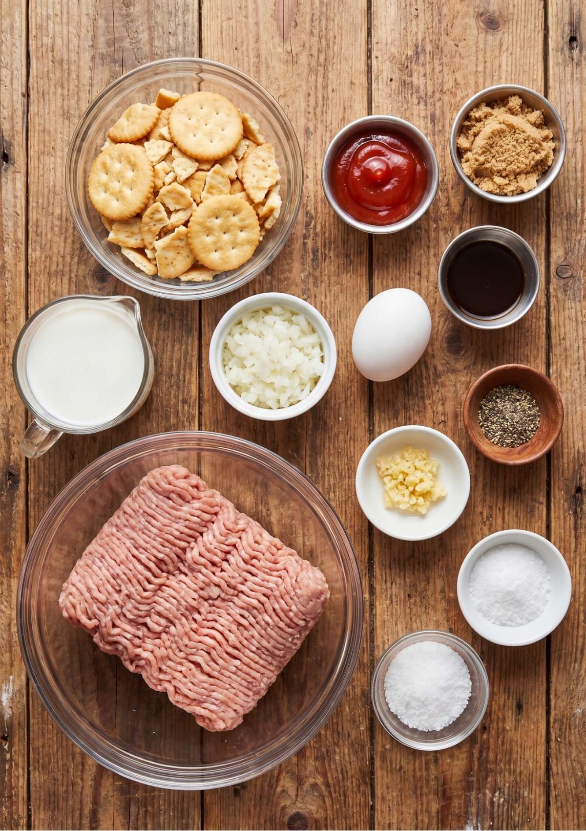 Flat lay arrangement of recipe ingredients including ground turkey, crushed crackers, milk, ketchup, brown sugar, an egg, and spices in small bowls on a wooden surface