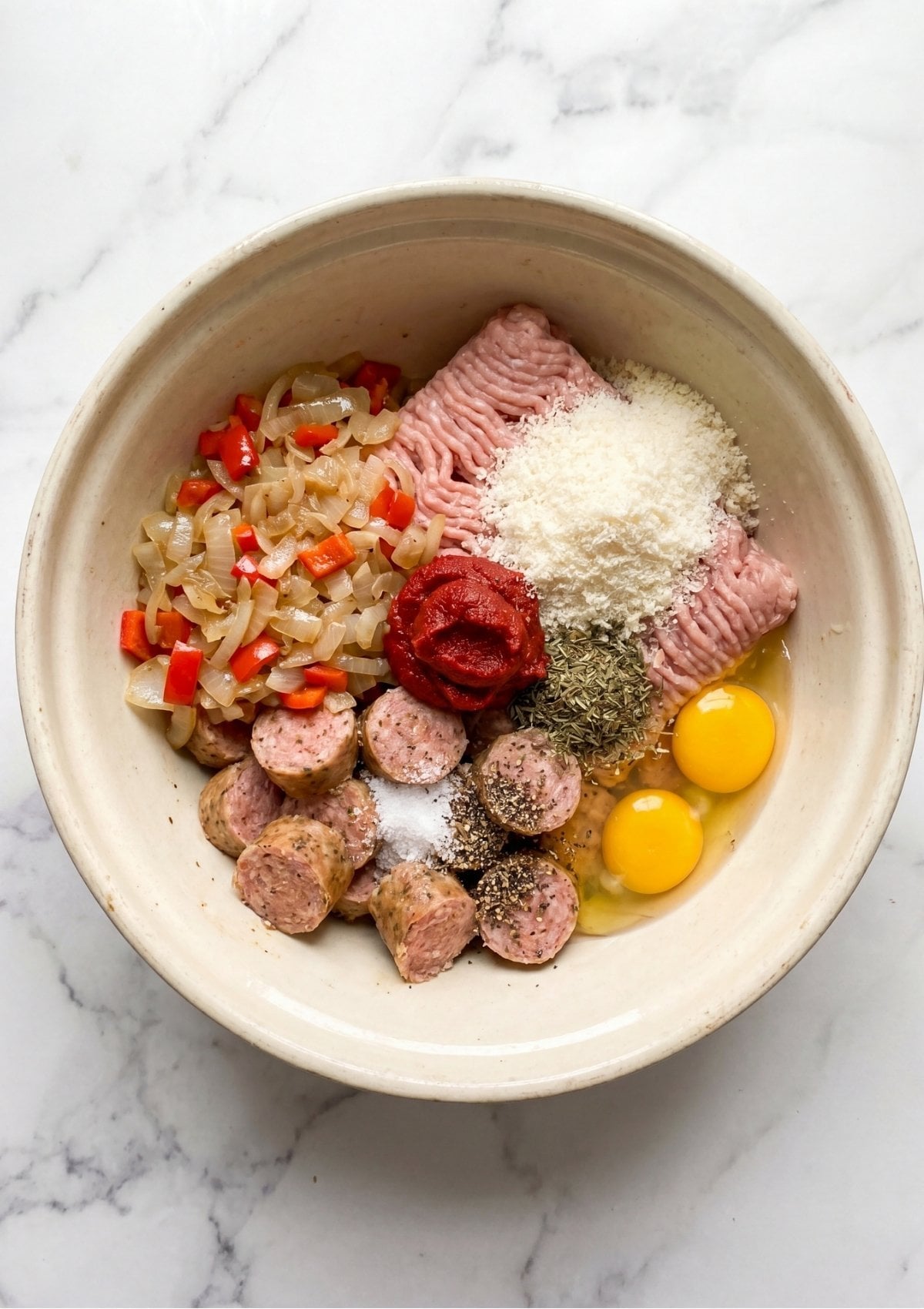 A large white mixing bowl containing ground turkey, sliced turkey sausage, sautéed onions and peppers, grated cheese, raw eggs, tomato paste, and spices before being mixed