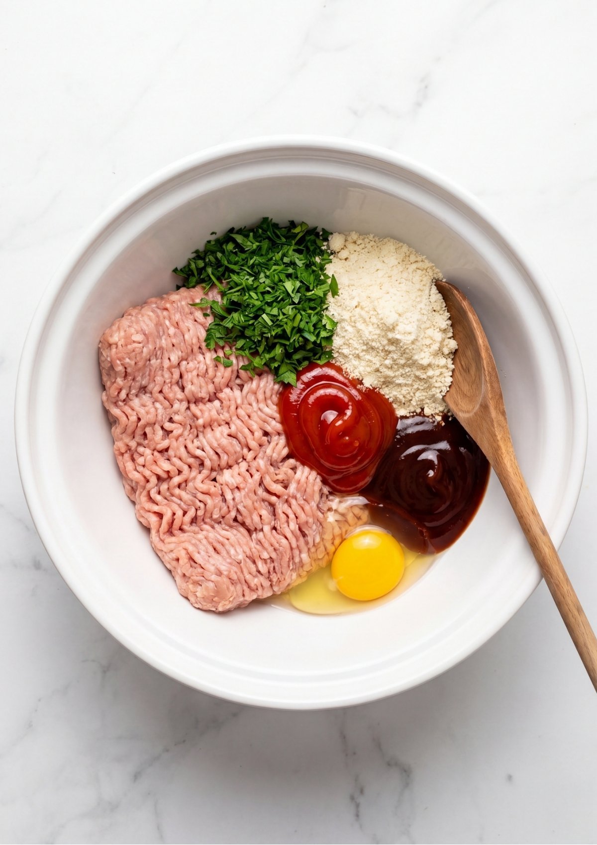 Ground turkey, chopped parsley, almond flour, an egg, ketchup, and BBQ sauce measured out inside a white mixing bowl with a wooden spoon.