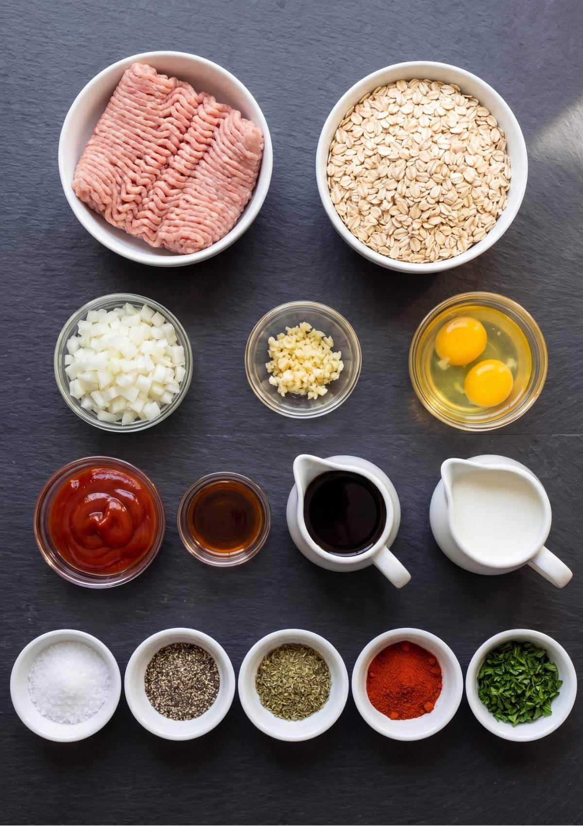 An overhead flat lay of recipe ingredients arranged in small white bowls on a dark slate background, including ground turkey, rolled oats, diced onions, chopped garlic, eggs, and spices.