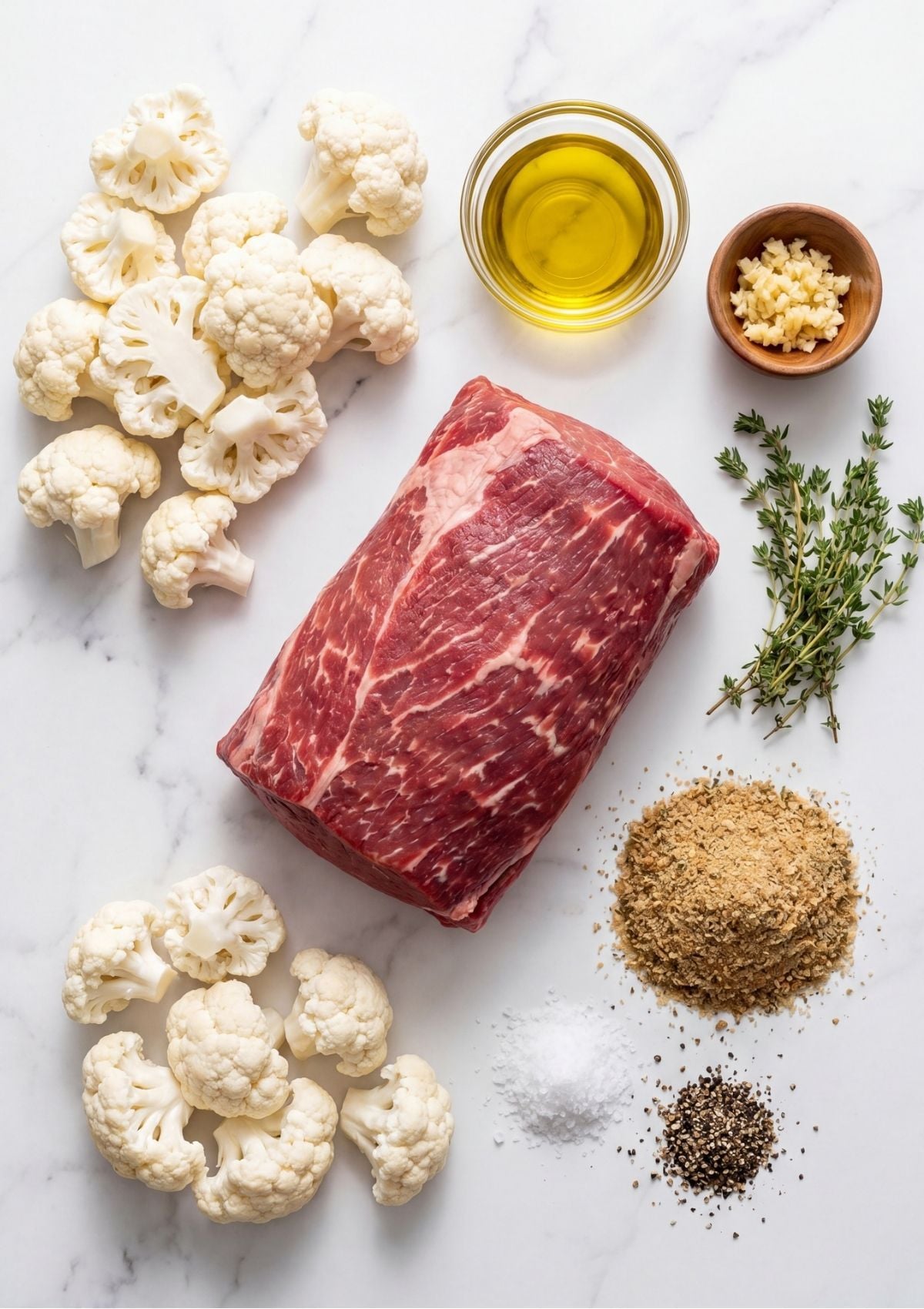 Raw beef striploin roast surrounded by cauliflower florets, fresh thyme sprigs, minced garlic, olive oil, salt, and pepper