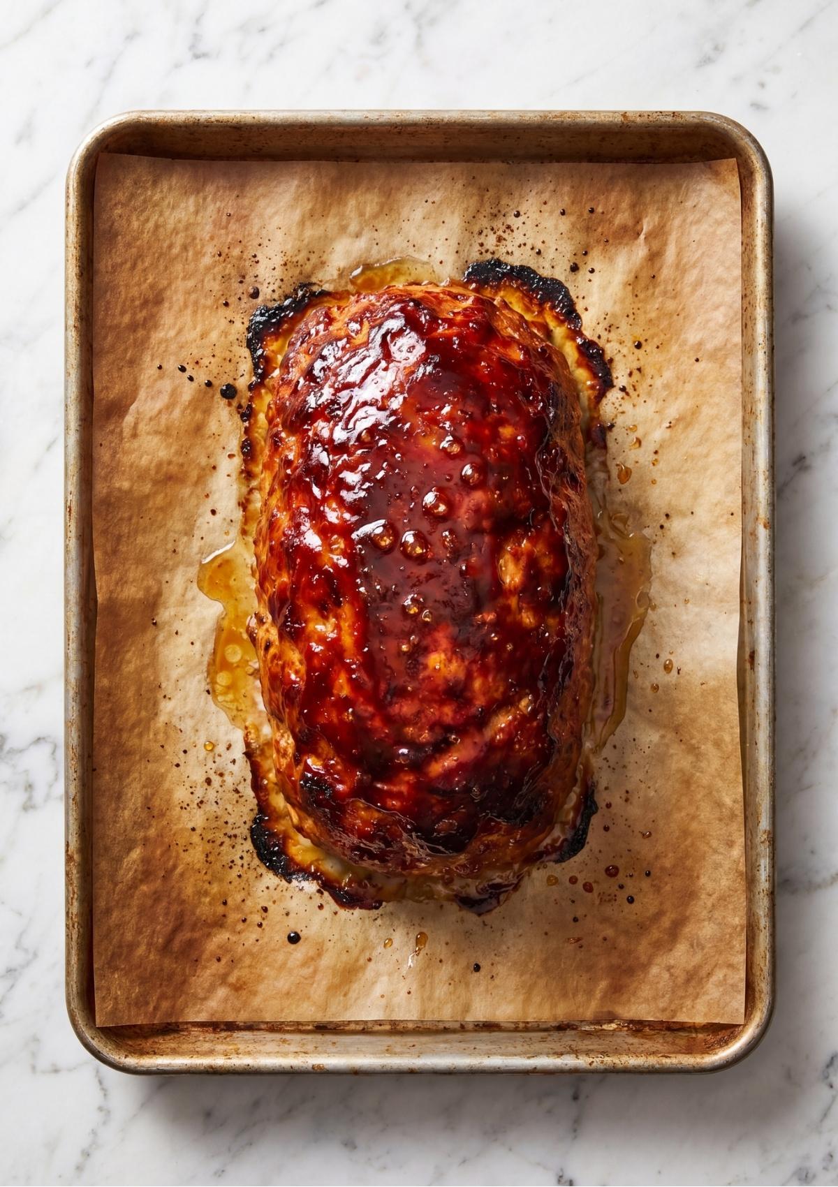 A golden-brown baked chicken meatloaf with a caramelized glaze sitting on parchment paper in a rimmed baking pan.