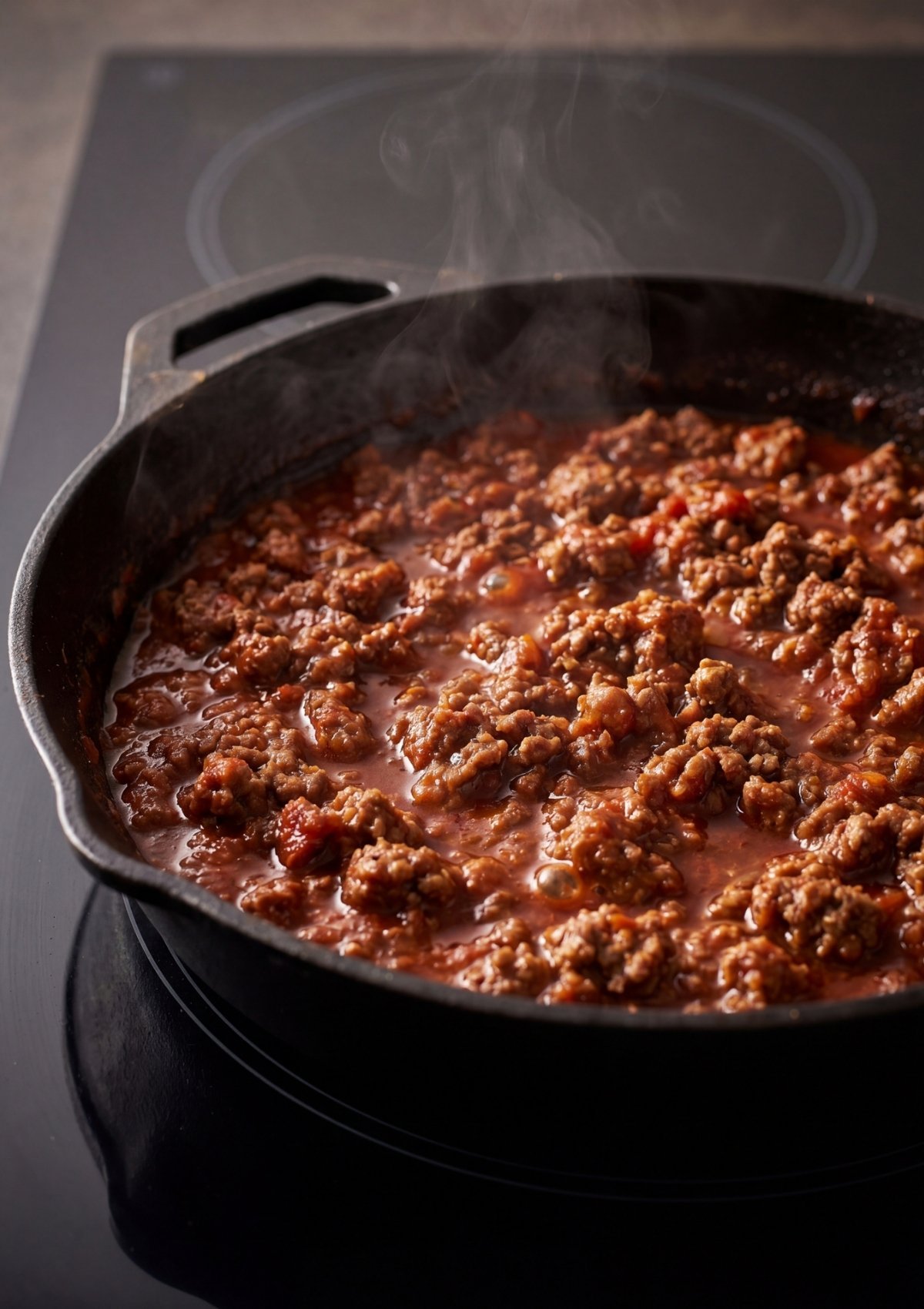 Steaming ground beef simmering in a rich tomato sauce with onions and spices in a black cast iron skillet on a glass stovetop.