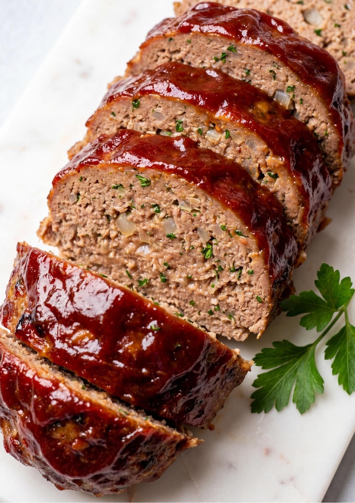 Sliced meatloaf with a red glaze on a white marble board with a sprig of fresh parsley.