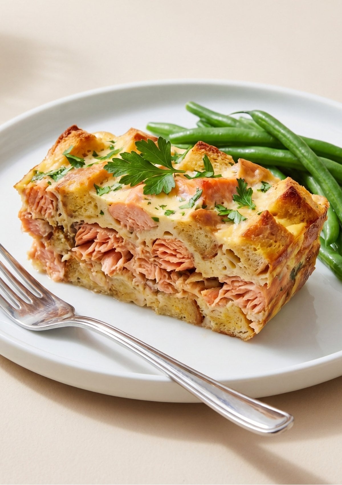 A close up shot of a thick slice of salmon meatloaf garnished with fresh parsley and served with steamed green beans on a white ceramic plate