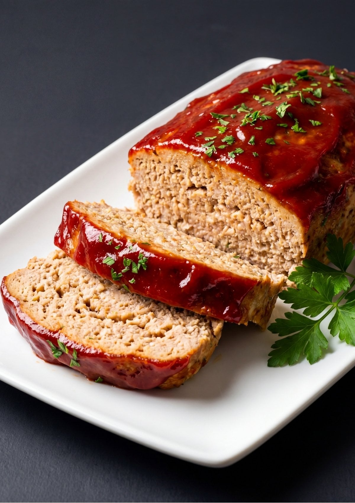Sliced baked turkey meatloaf with a glossy red ketchup glaze and a garnish of chopped parsley, served on a white rectangular platter.