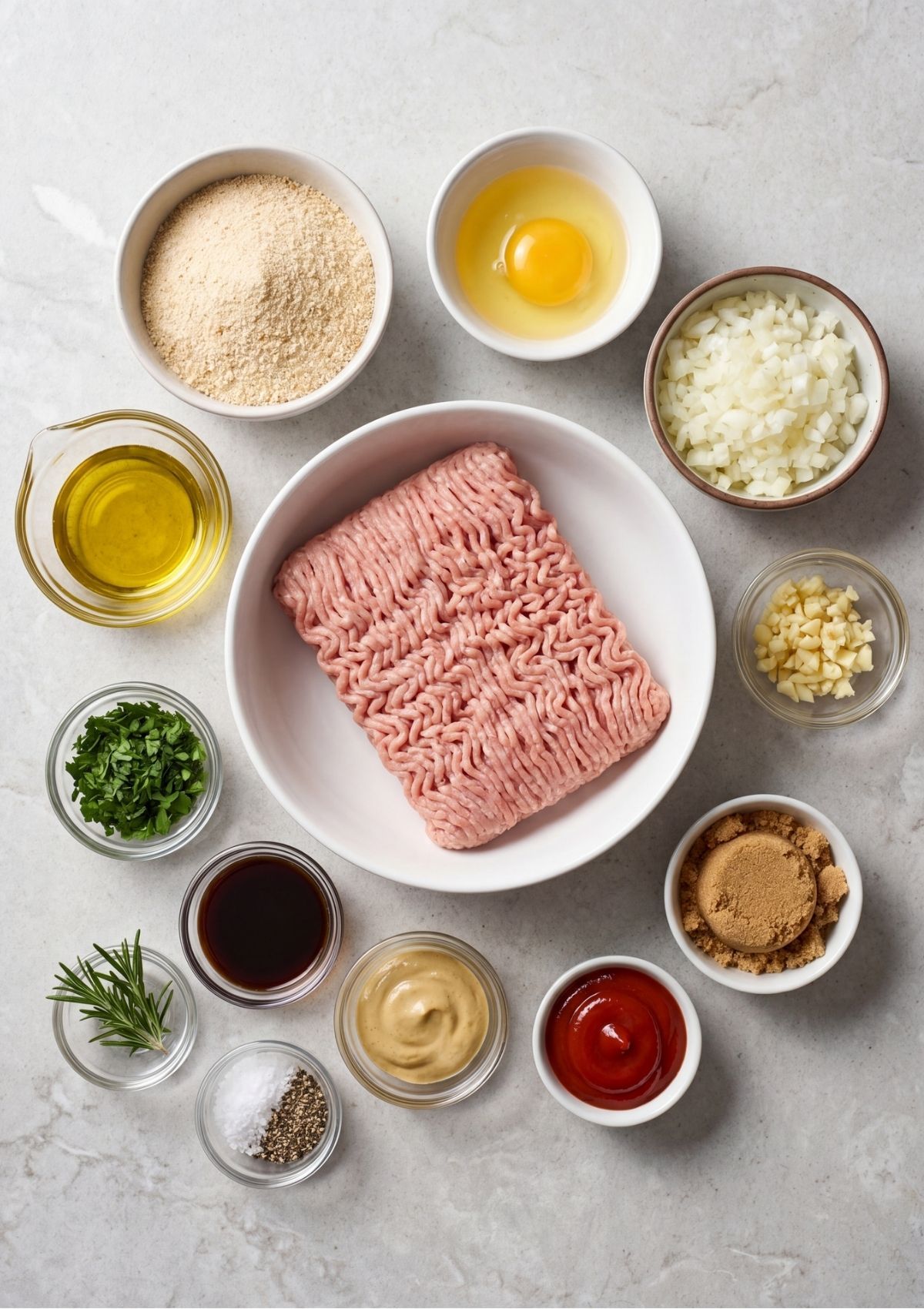 An overhead view of ingredients arranged in small bowls on a marble countertop including ground turkey, breadcrumbs, an egg, diced onions, minced garlic, brown sugar, ketchup, Dijon mustard, Worcestershire sauce, olive oil, and fresh herbs