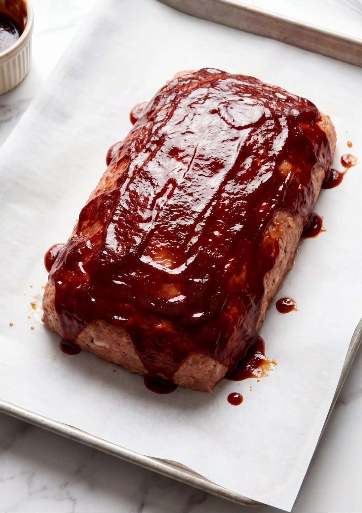 Spreading a thick layer of dark red BBQ sauce glaze over a raw shaped turkey meatloaf before baking.