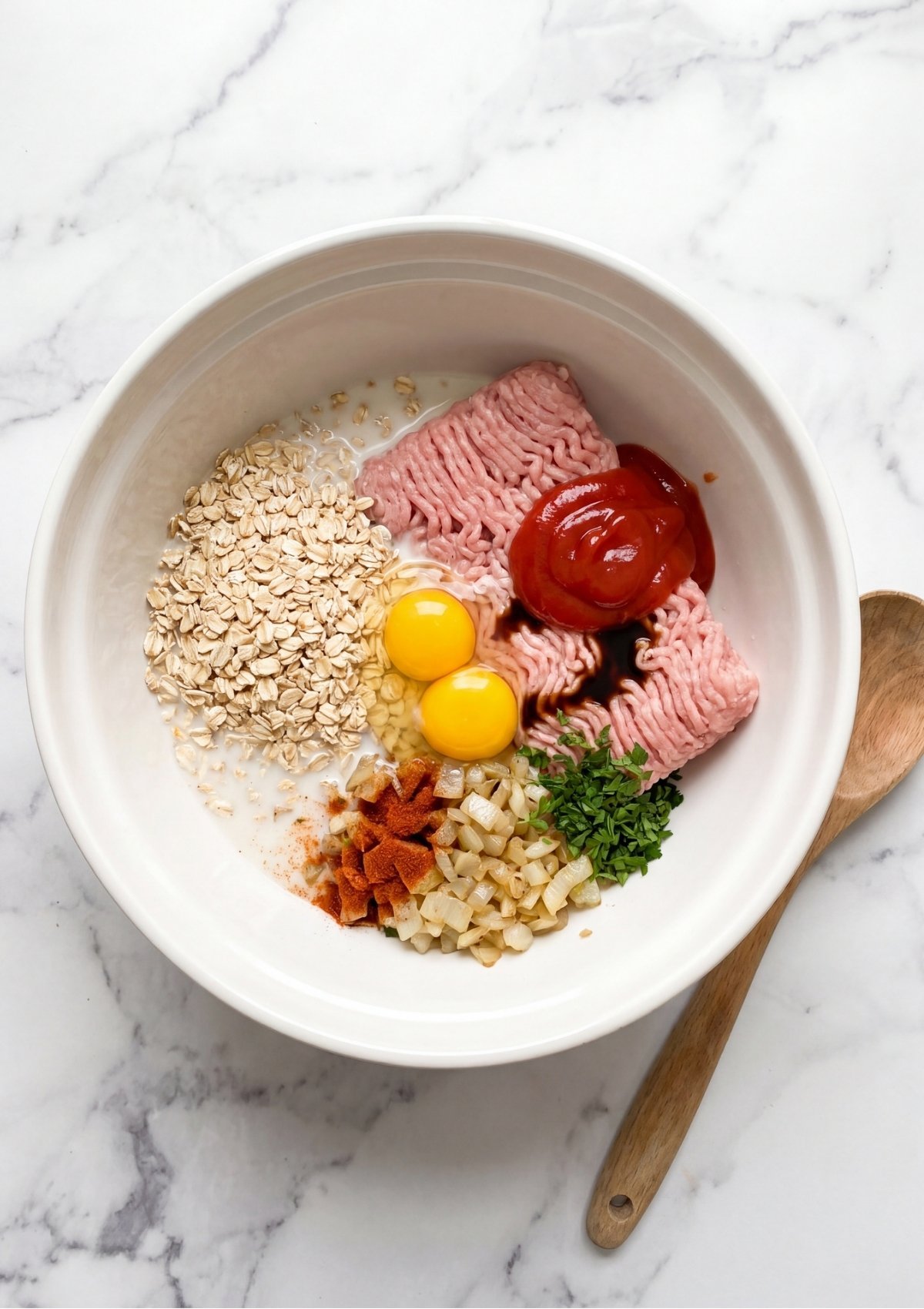 An overhead shot of a white mixing bowl containing separate piles of ground turkey, oats, raw egg yolks, ketchup, sautéed onions, spices, and chopped parsley.