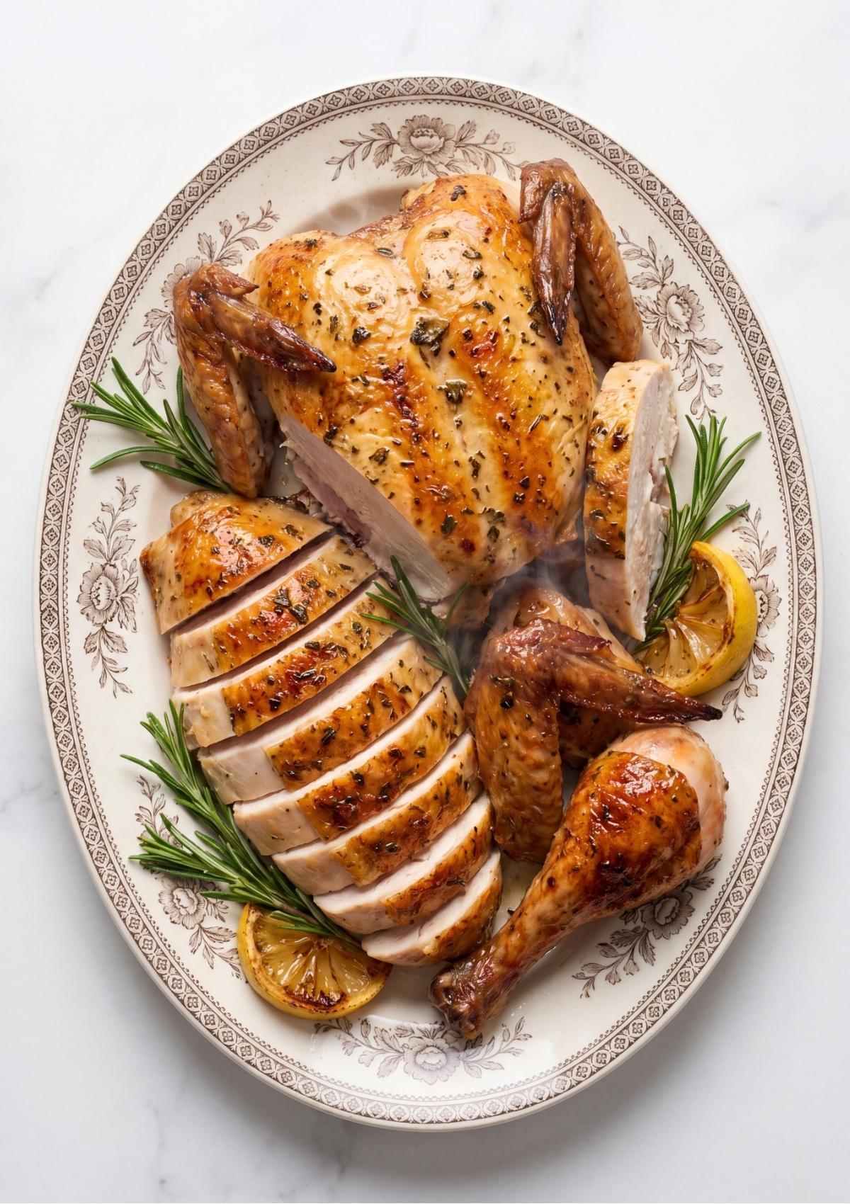 A vintage patterned oval platter arranged with a sliced roast chicken breast, chicken wings, a drumstick, rosemary sprigs, and lemon slices