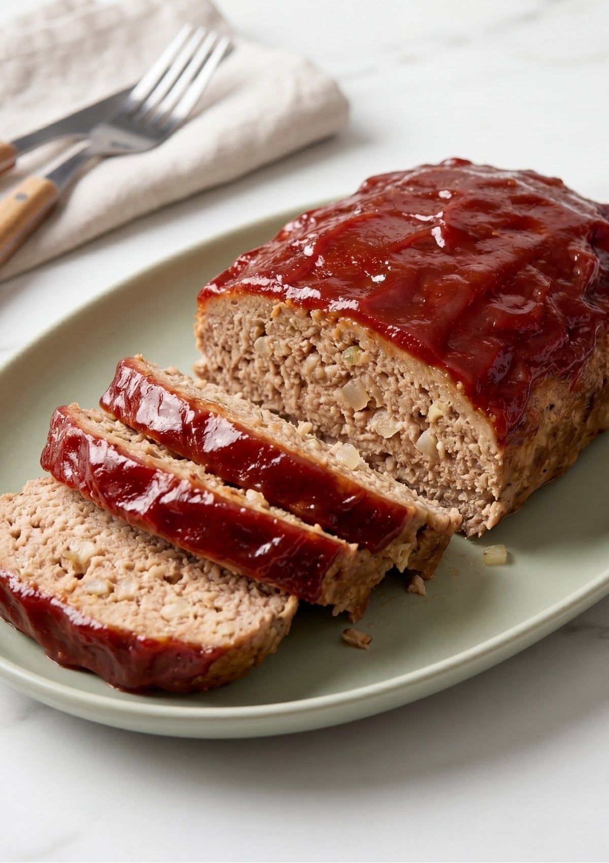 A close-up shot of the glazed turkey meatloaf on a green plate with three thick, juicy slices cut and ready to serve.