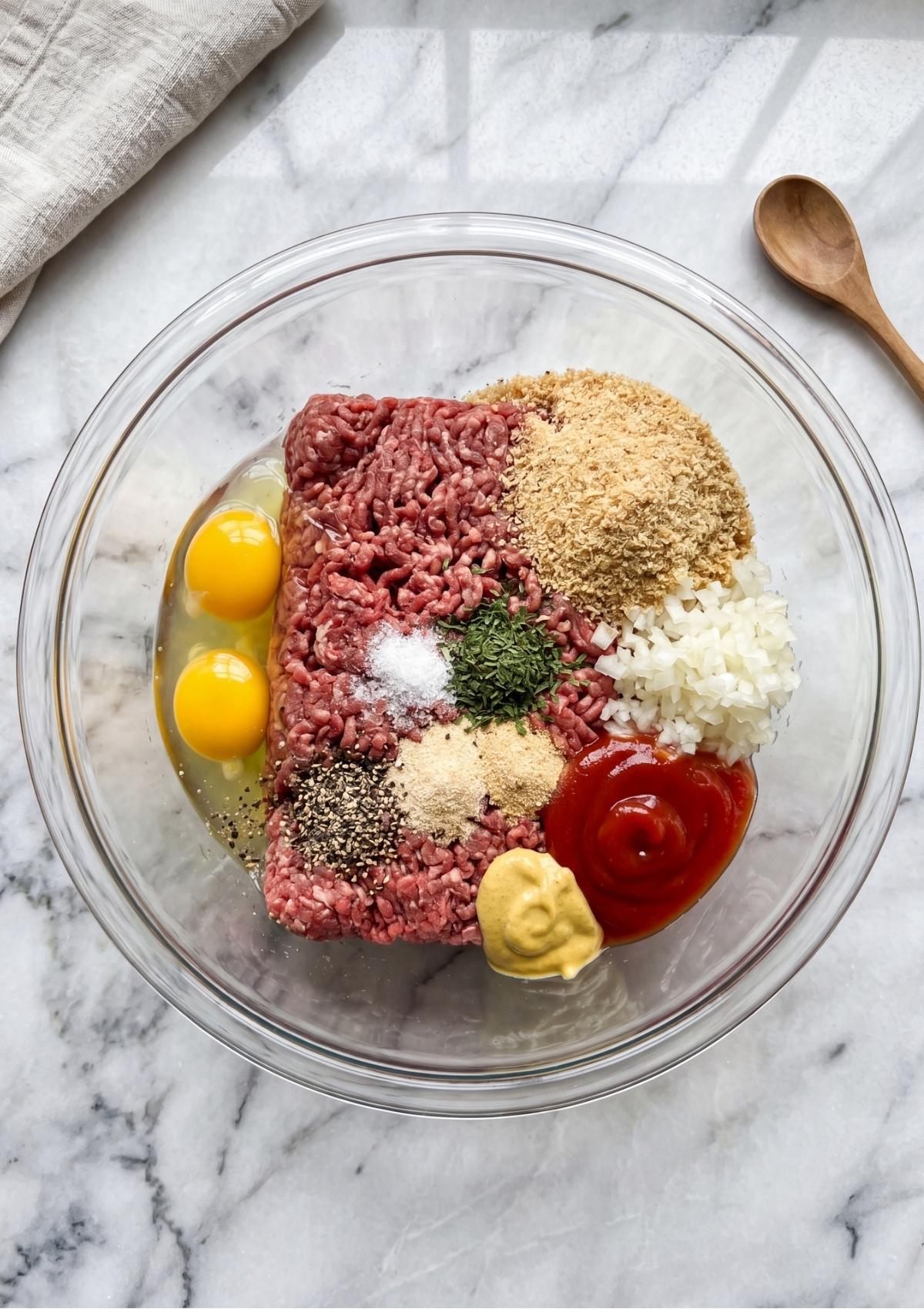 All ingredients for an easy meatloaf recipe, including raw beef, cracked eggs, and seasonings, combined in a glass mixing bowl before stirring.