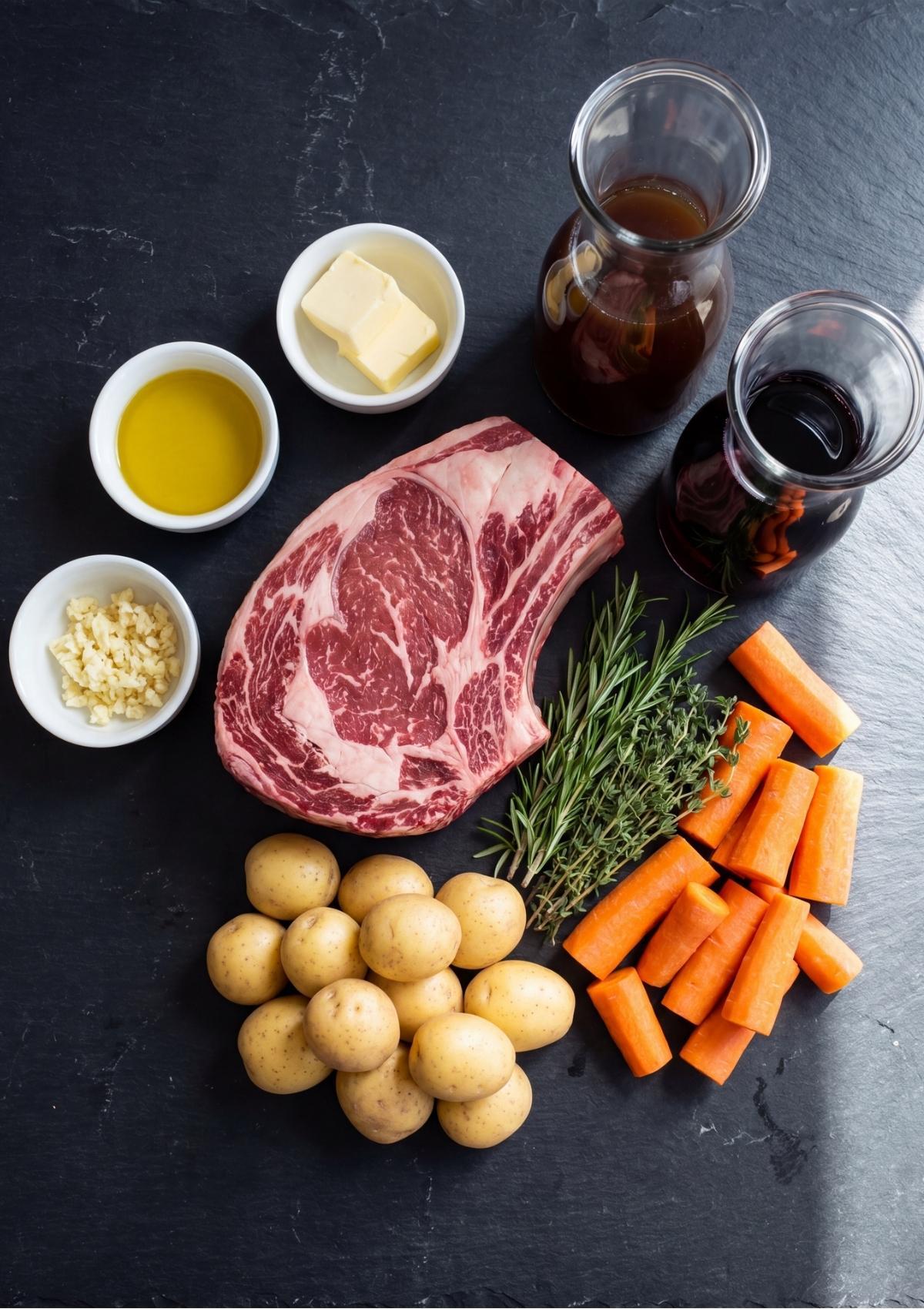 Fresh ingredients for an arm roast recipe including a raw beef roast, whole small potatoes, chopped carrots, garlic, olive oil, butter, red wine, beef broth, rosemary, and thyme arranged on a dark countertop.