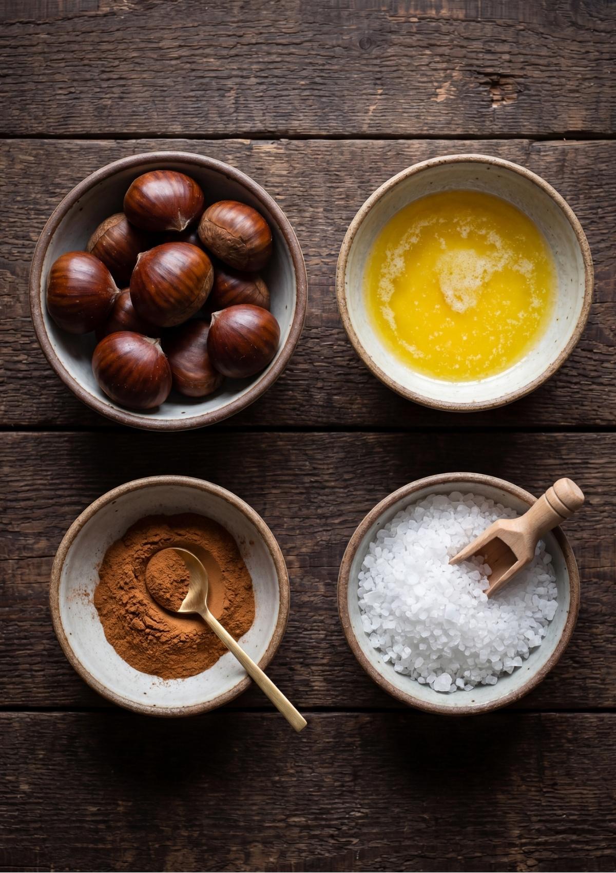 Four small ceramic bowls arranged on a dark wooden table containing whole chestnuts, melted butter, ground cinnamon, and coarse white sea salt.